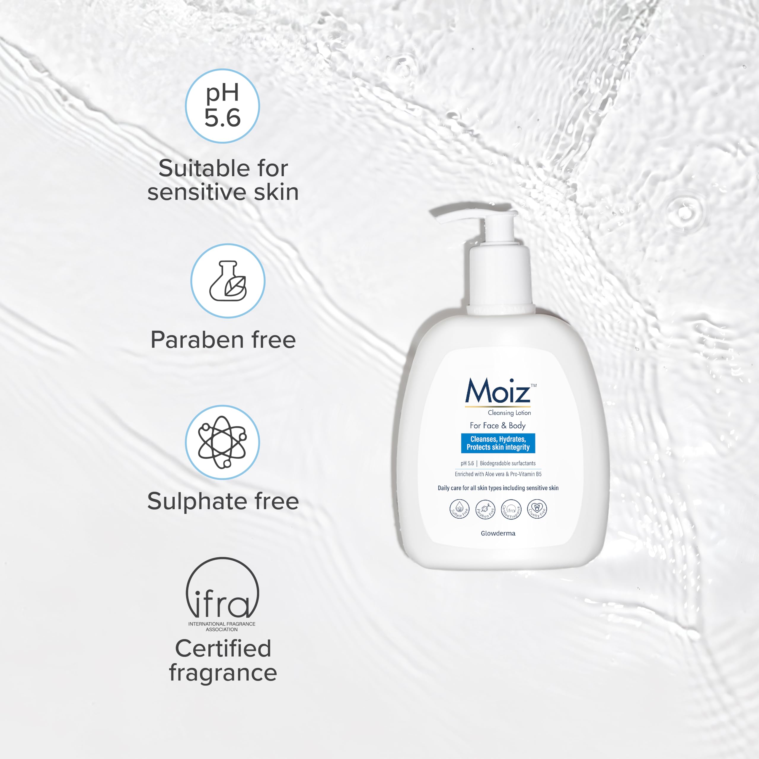 Moiz Gentle Cleansing Lotion for Face & Body - Sensitive Skin Care with Aloe Vera & Pro-Vitamin B5 | pH 5.6 Balanced | Soap, Paraben & Sulfate Free | 200ml | Perfect for Daily Cleansing & Post-Workout Refreshment