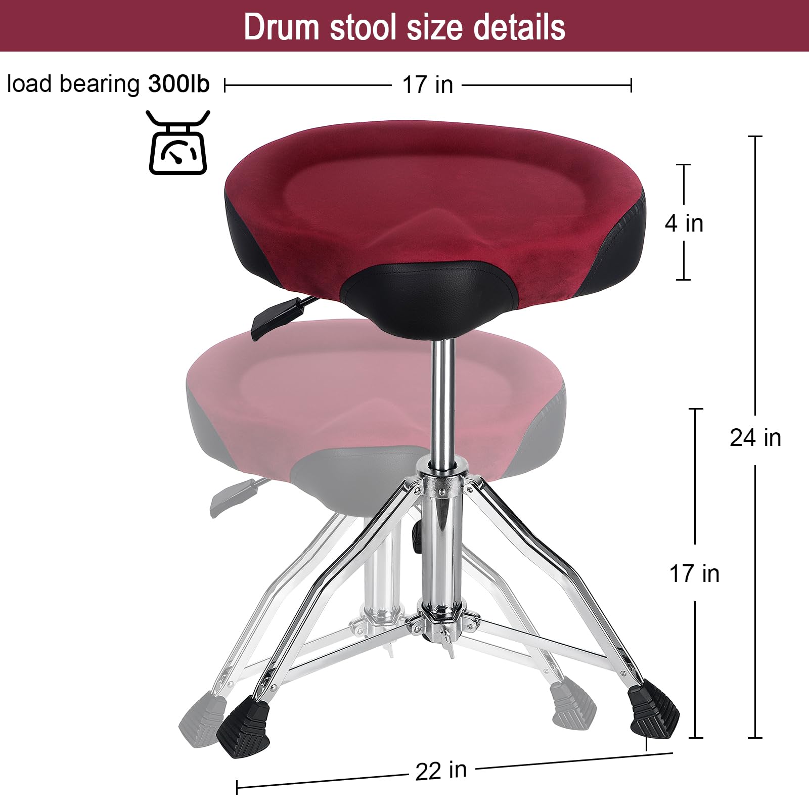 AKOLT Heavy Duty Hydraulic Drum Throne - Adjustable Height Suede Drum Stool with Motorcycle Style Design for Adult Drummers (Dark Red Brown) - Perfect for Studio Recording, Live Performances & Drum Practice Sessions