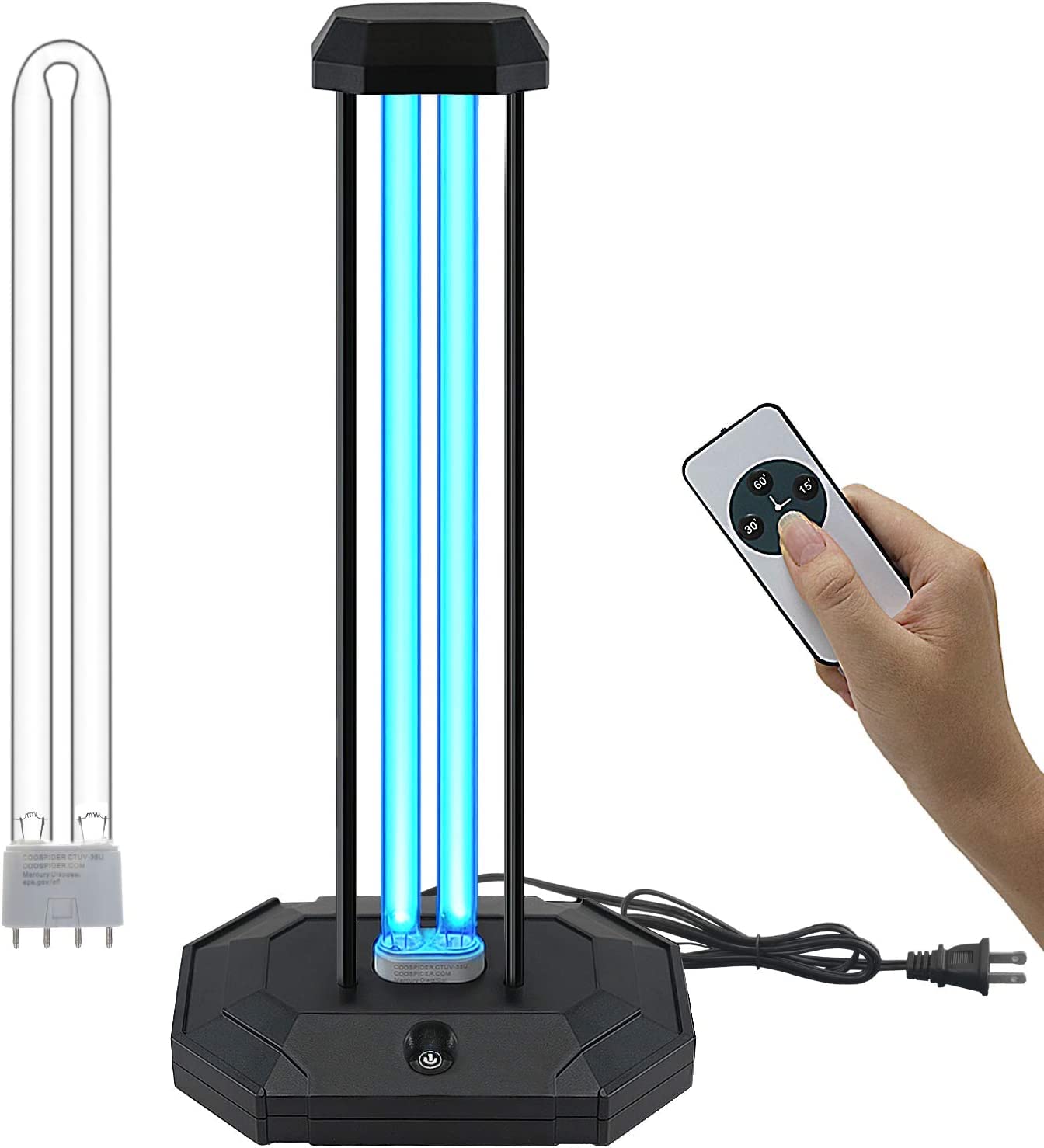 BAIMNOCM 38W UVC Germicidal Lamp with Remote Control & Timer - UV Light Bulb for Home Disinfection, Killing Bacteria & Viruses in Bedrooms, Bathrooms, Kitchens