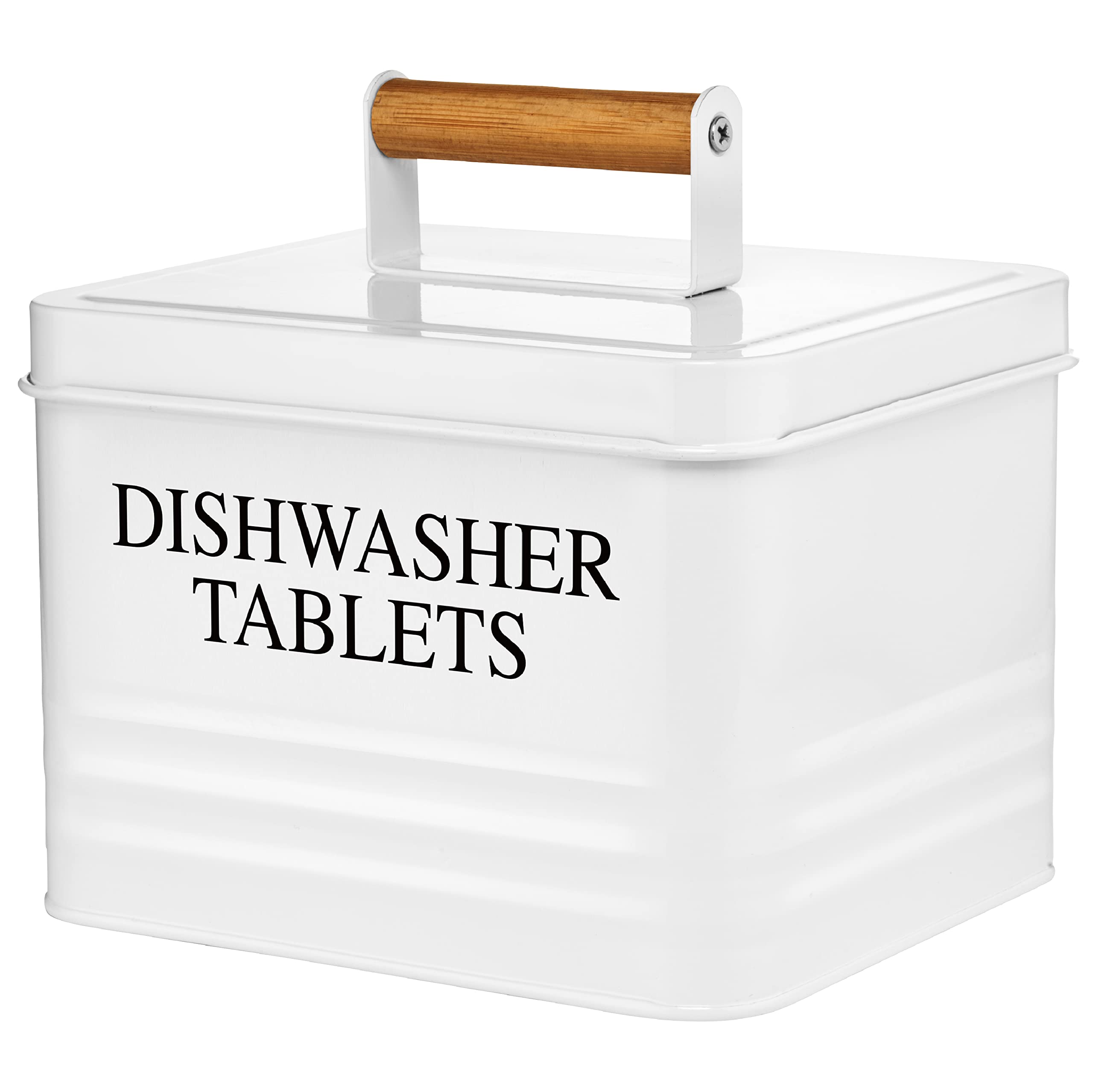 Modern Farmhouse Metal Dishwasher Pods Holder with Lid - White Kitchen Storage Container for Pods & Detergent - Perfect for Kitchen Organization & Farmhouse Decor - Ideal for Dishwasher Pod Storage, Countertop Organization, and Farmhouse Style Kitchens