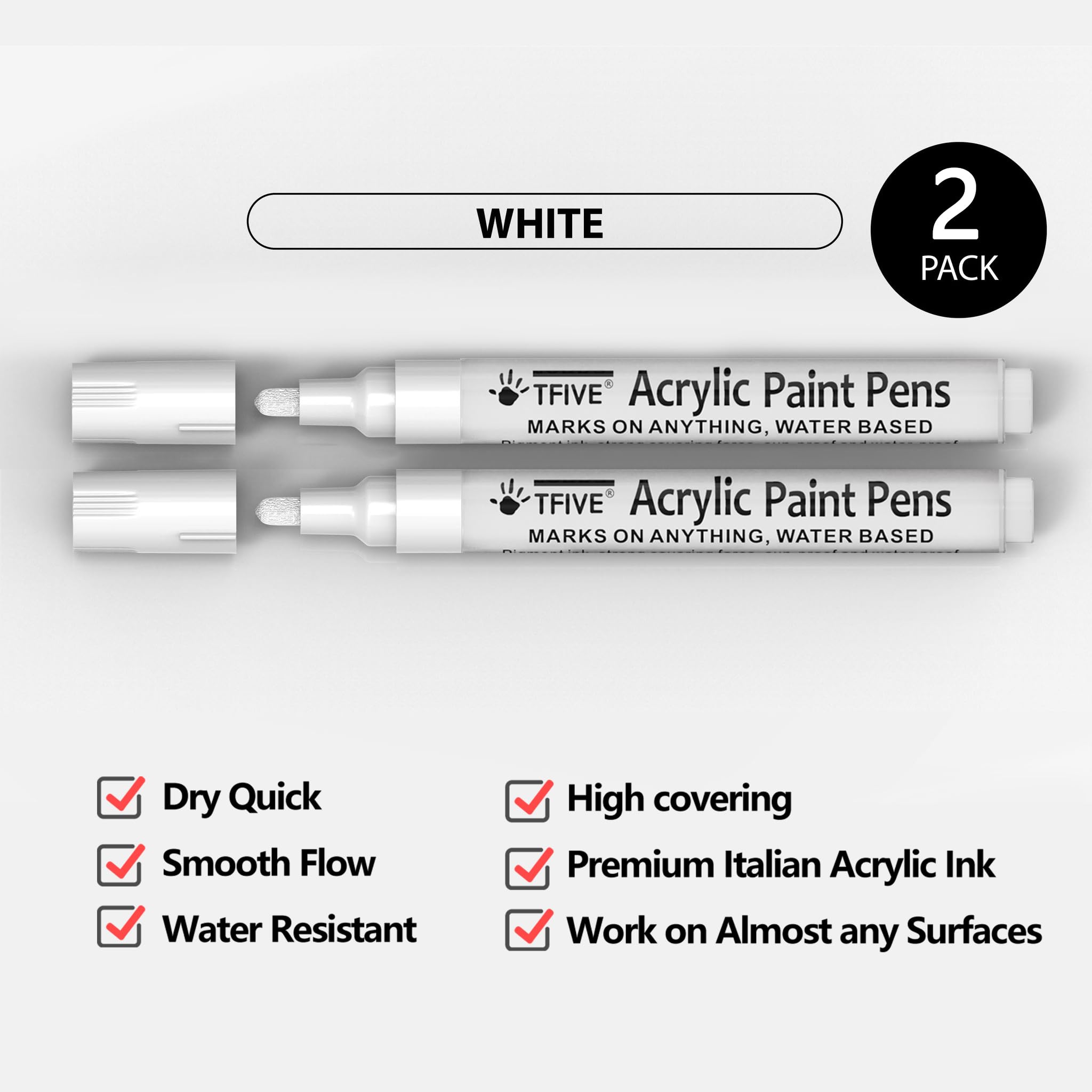 TFIVE White Paint Markers - 2 Pack Acrylic Permanent Paint Pens with 2-3mm Medium Tip for Art, DIY Crafts, Rock Painting on Ceramic, Glass, Wood, Plastic, Metal & Canvas | Perfect for Home Decor, Gift Making & Creative Projects