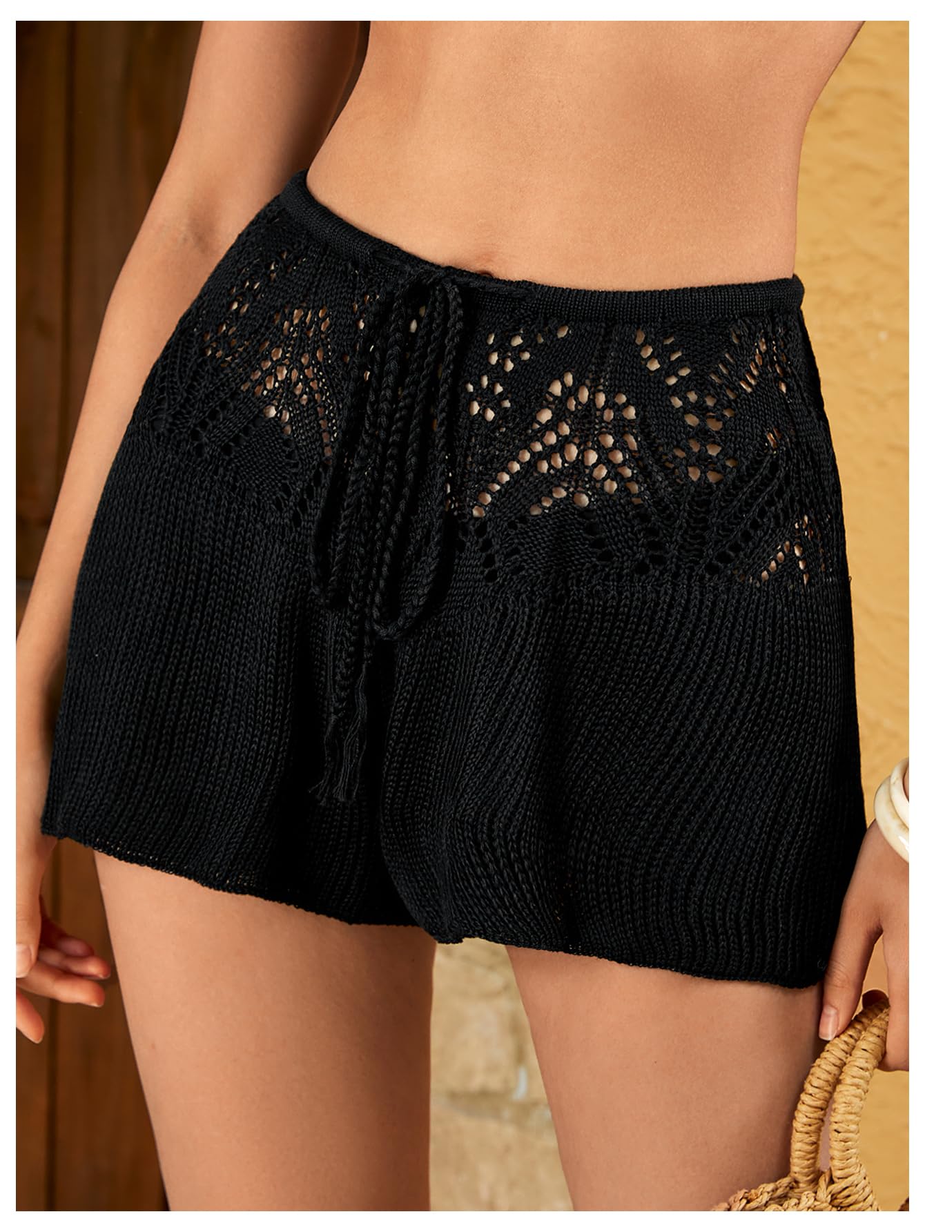 Verdusa Women's Crochet Beach Cover Up - Hollow Out Knit Loose Wide Leg Shorts for Summer Vacation, Pool Party & Boho Outfit