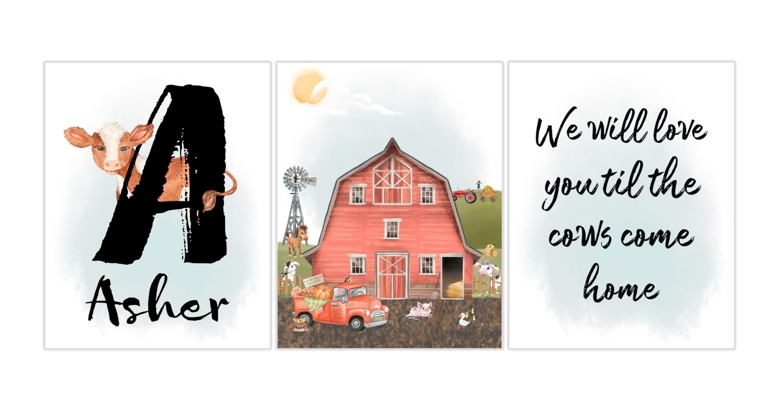 Personalized Farm Cow Nursery Decor Set of 3 Unframed Farmhouse Prints - We Will Love You Till The Cows Come Home - Perfect for Baby Shower Gifts, Kids Room Wall Art & Farmhouse Themed Nursery Decor