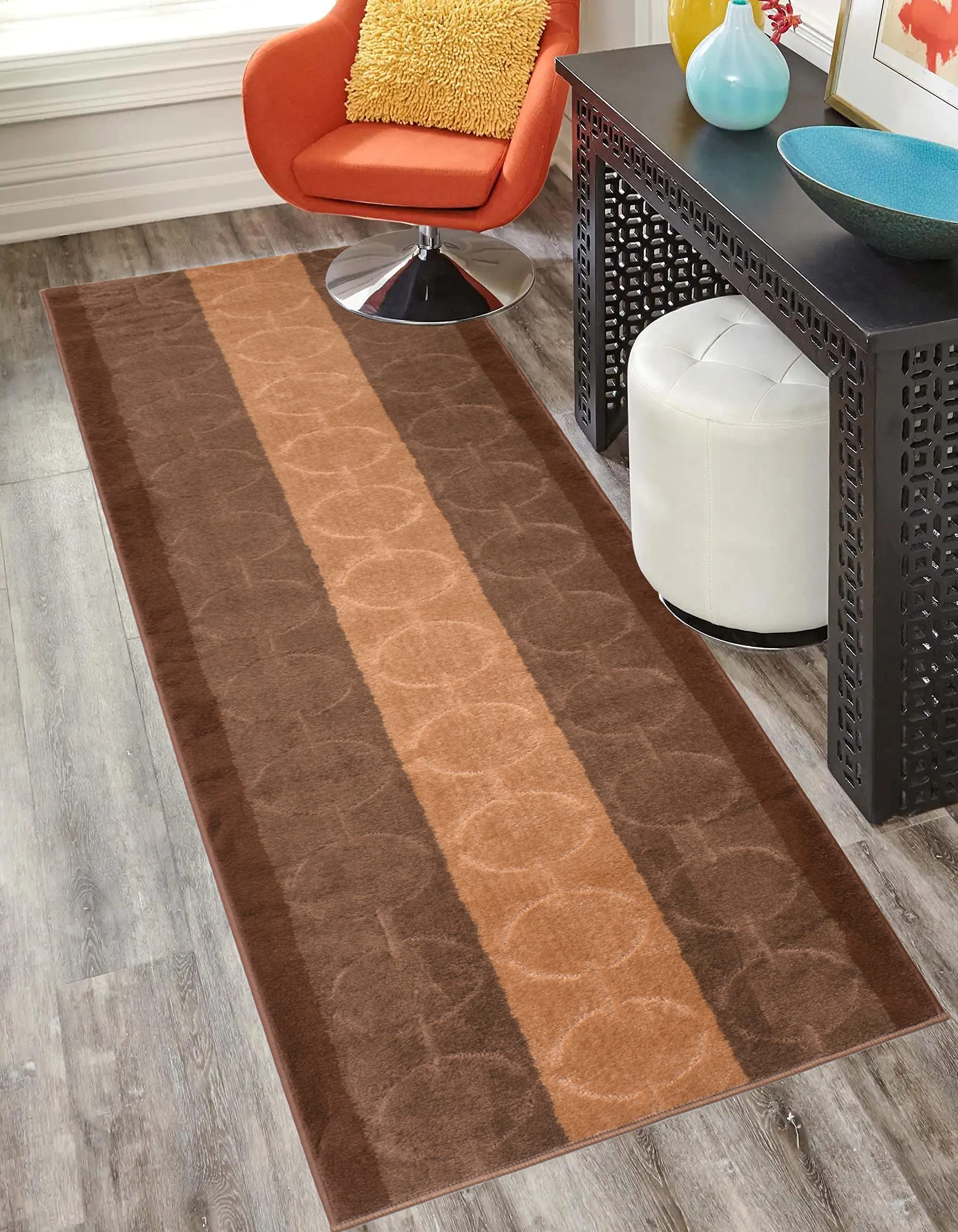 Custom Size Washable Runner Rug with Abstract Circle Design - Brown, 38ft x 26in, Non-Slip Rubber Backing | Extra Long Hallway Rug for Home, Office & High Traffic Areas