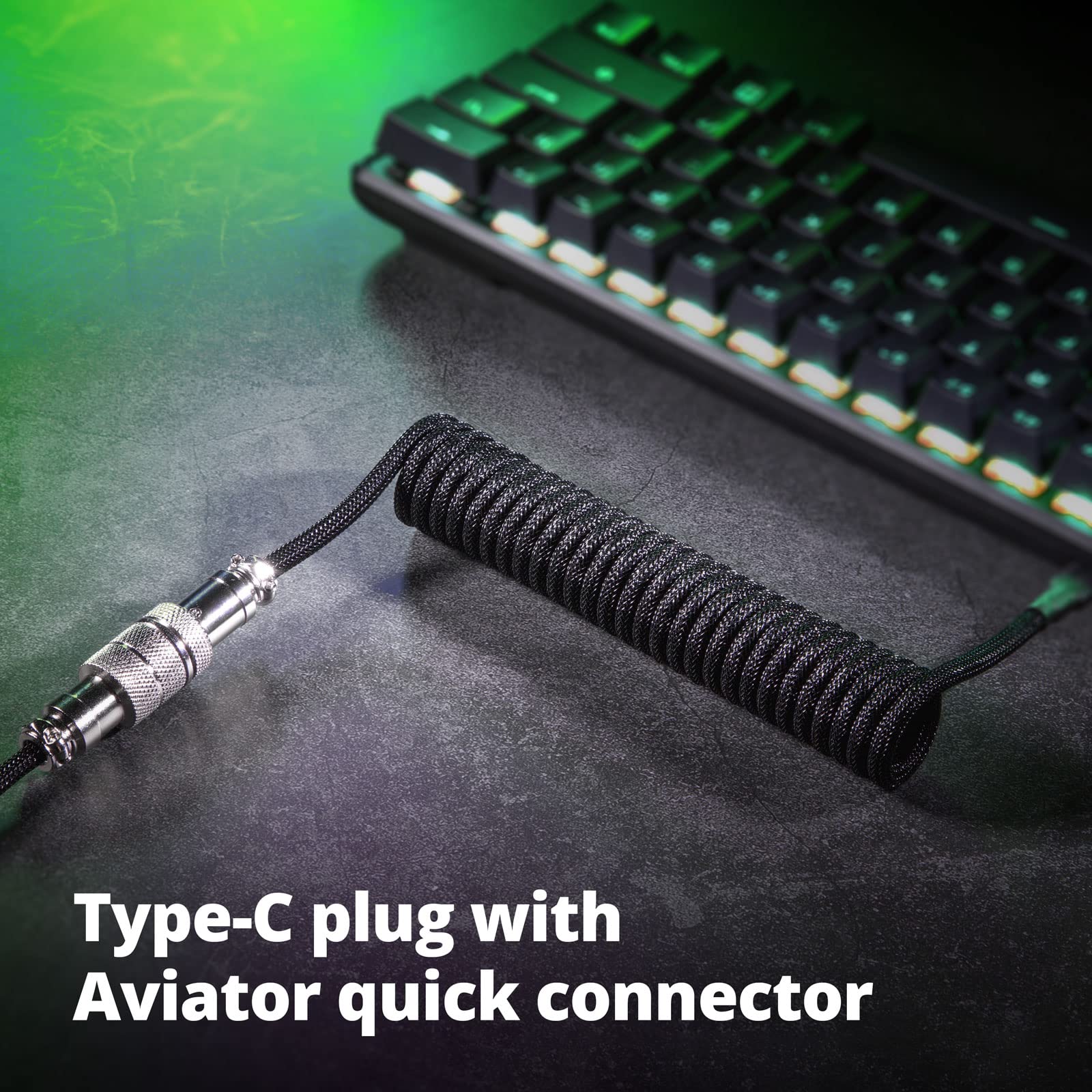Premium GUNMJO Pro Custom Coiled USB C Cable for Mechanical Gaming Keyboards - Double-Sleeved Braided USB-C to USB-A Cable with Detachable Metal Aviator Connector (1.5M/5ft, Classic Black) - Perfect for Esports, PC Gaming & Workstation Setups