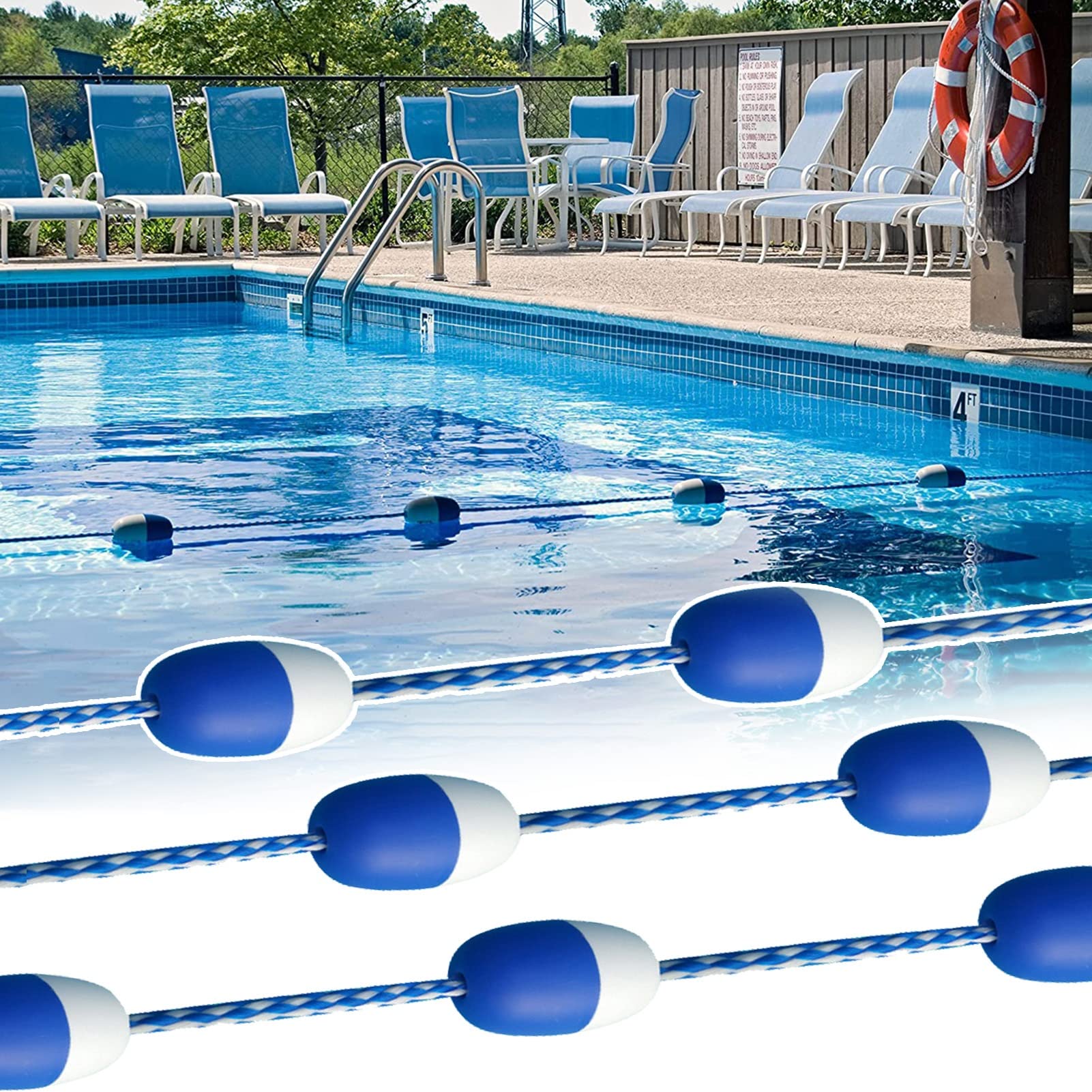 LVLONG Blue & White Pool Rope Float Keepers - Durable Polyethylene Safety Lane Divider with Floats for Swimming Pool Training & Competition (7m/23ft) - Perfect for Swim Meets, Lap Swimming & Water Safety