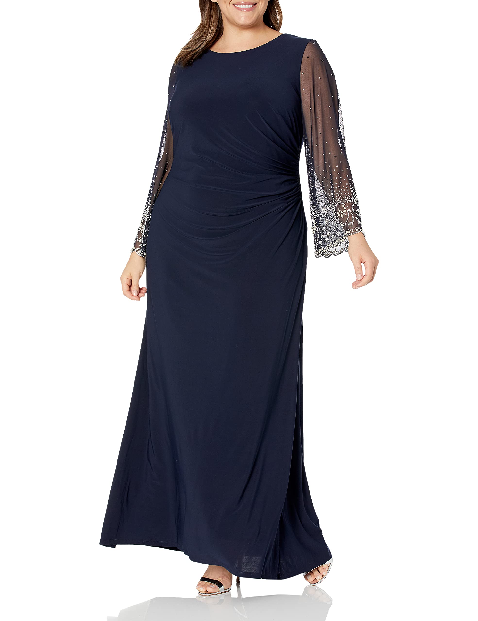 Cachet Women's Beaded Sleeve Long Gown - Elegant Evening Dress for Prom, Wedding & Formal Events