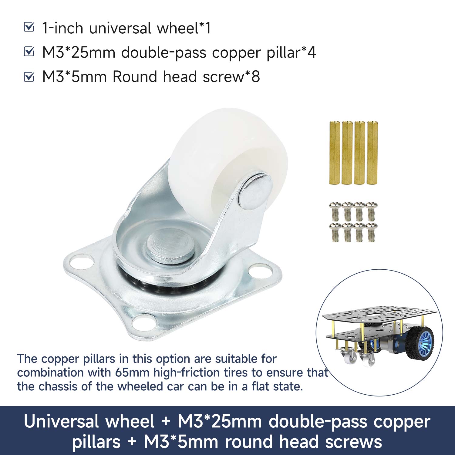 Yahboom 1 Inch Universal Wheel for Robot Chassis & Smart Cars - Durable Omnidirectional Caster for DIY Robotics, STEM Projects, and Smart Vehicle Applications