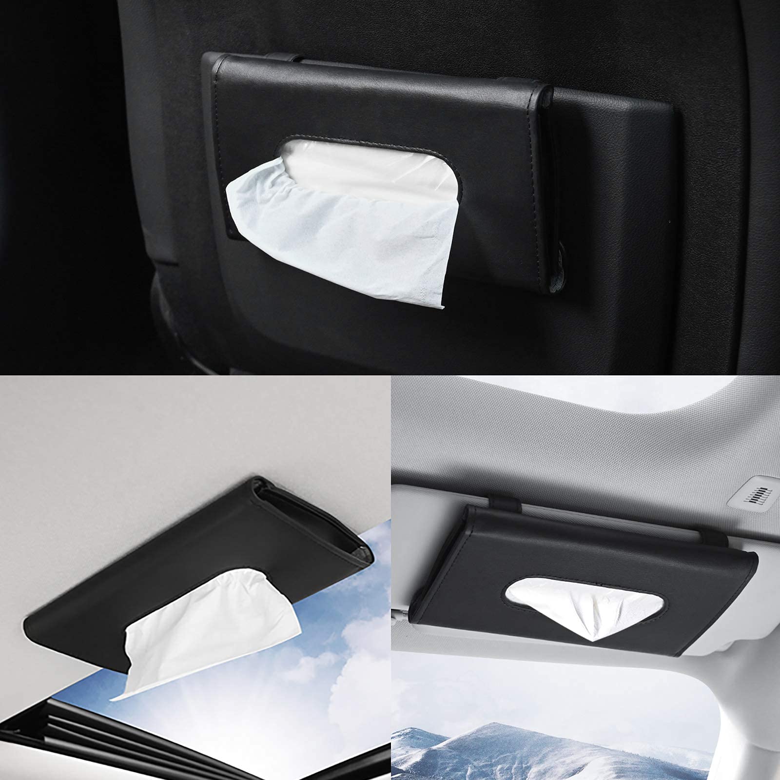 Premium PU Leather Car Tissue Holder & Mask Bracket - Universal Sun Visor Organizer with Seat Back Mount (Black) - Perfect for Road Trips, Daily Commutes & Family Travel Accessories