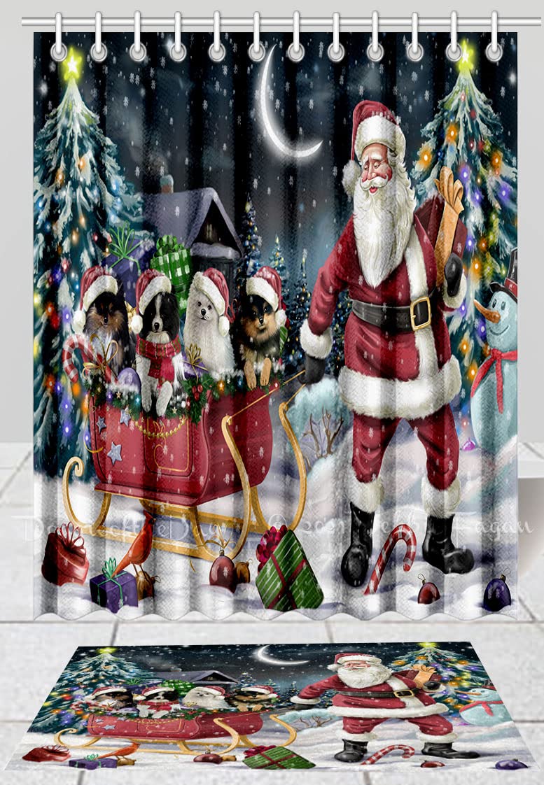 Pomeranian Christmas Santa Sled Shower Curtain & Bath Mat Set - Anti-Slip Bathroom Decor, Plush Polyester Rug with Hooks (16x28in Mat, 69x70in Curtain) - Perfect for Holiday Bathroom Makeover & Dog Lover Gifts