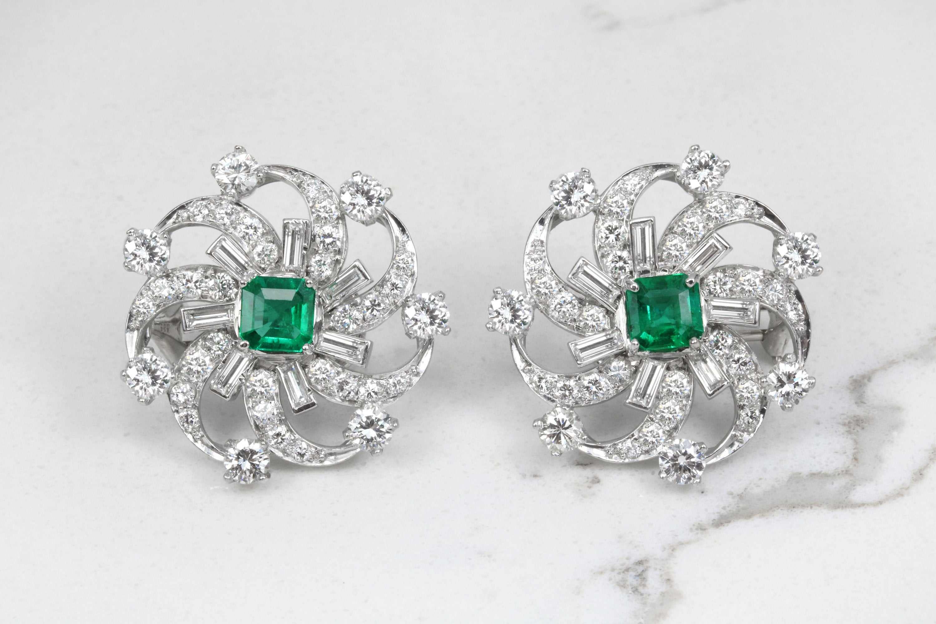 6.70tcw Platinum Fine Quality Emerald & Diamond Spiral Statement Earrings | Luxury Dangle Earrings for Women | Perfect for Weddings, Parties & Special Occasions
