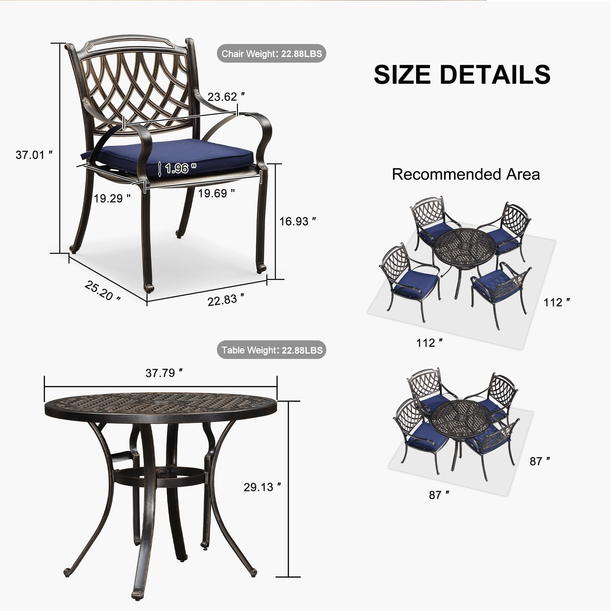 PURPLE LEAF 5-Piece Outdoor Dining Set - Cast Aluminum Patio Furniture with 4 Armchairs & 37
