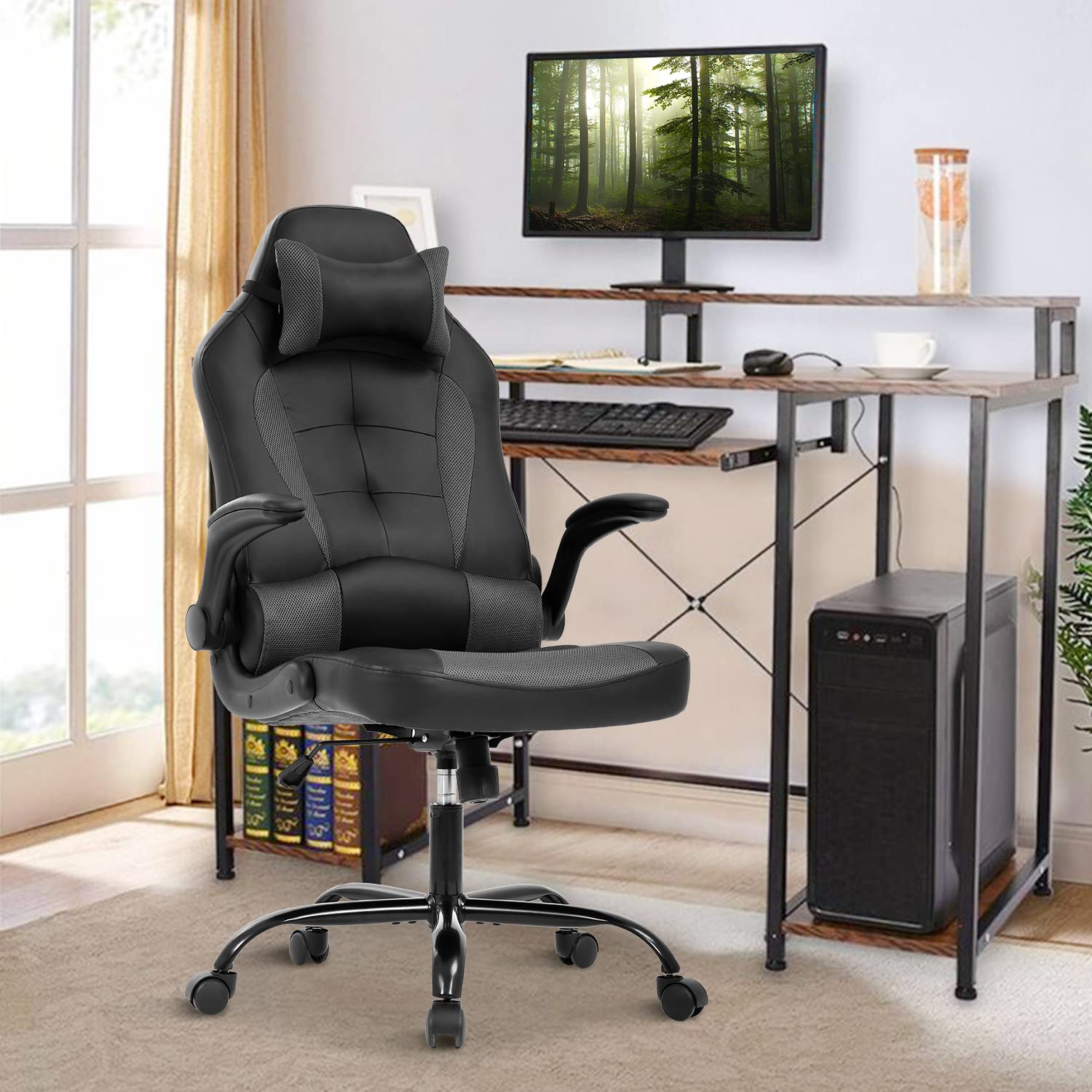 Ergonomic Gaming & Office Chair with Adjustable Headrest & Lumbar Support - High Back PU Leather Computer Desk Chair for Adults - Racing Style Swivel Task Chair with Wheels (Grey) - Perfect for Home Office, Gaming Setup & Workstations