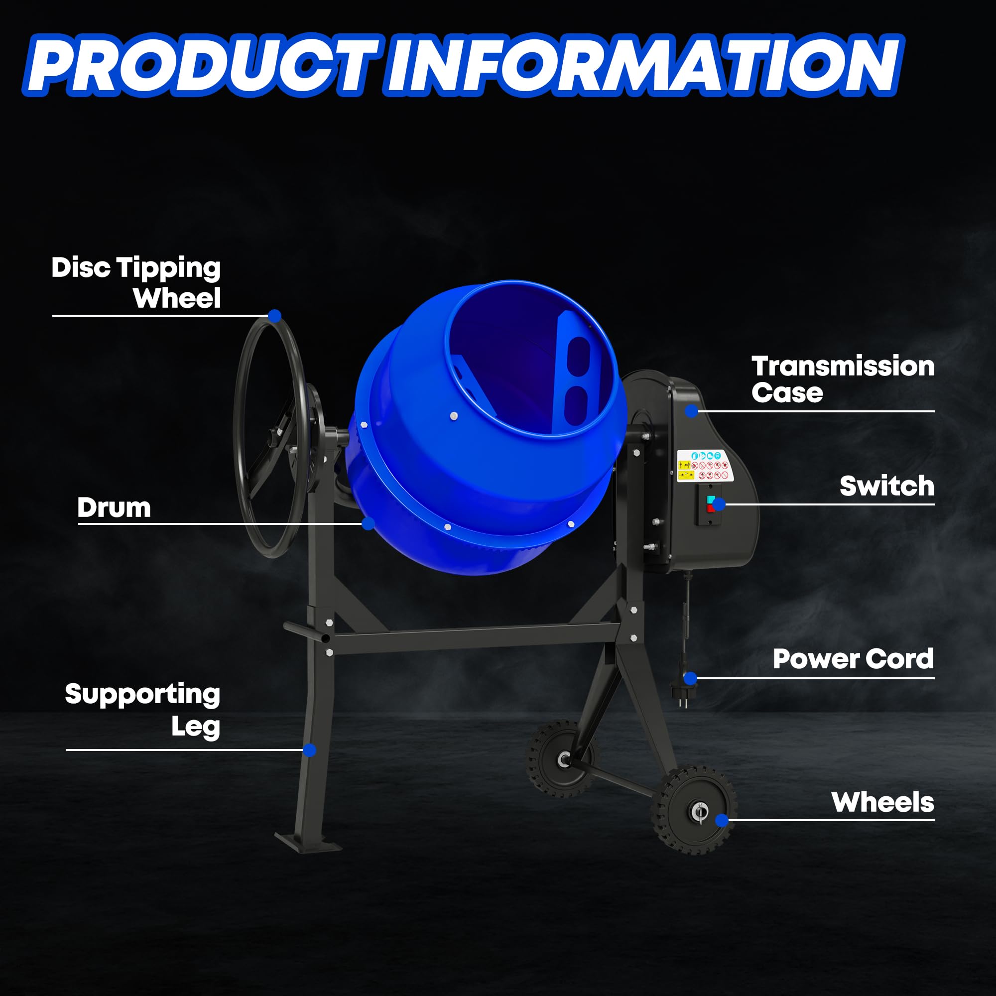 **5.3 Cu.Ft. Electric Concrete Mixer Machine - 750W (1HP) Cement Mixer with Wheels & Stand for Stucco, Mortar, DIY Projects - Perfect for Construction, Home Renovation & Landscaping**