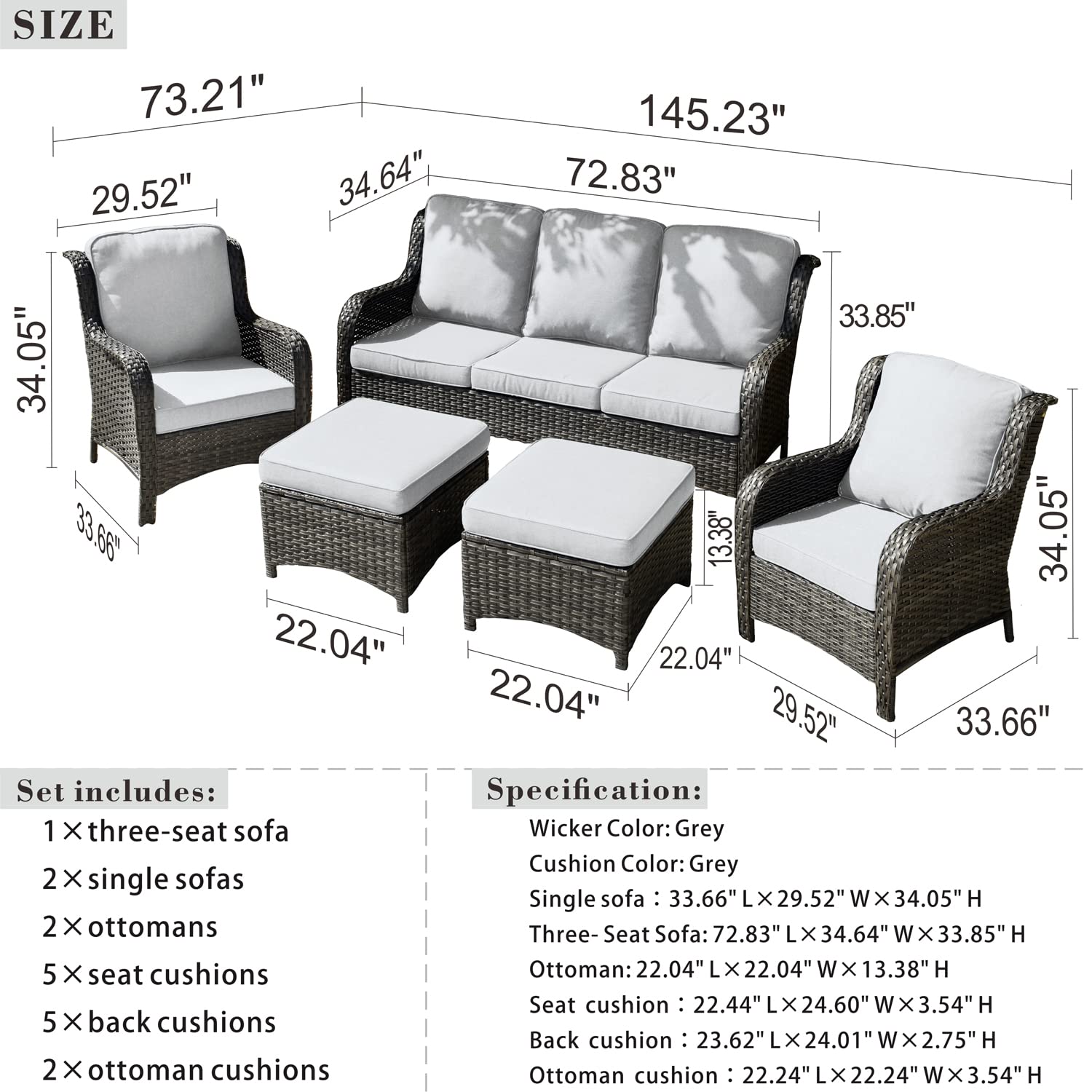 Modern Grey Rectangular Patio Furniture Set - Waterproof Outdoor Rattan Sofa Set with Cushions for Garden, Backyard, Poolside & Balcony Relaxation
