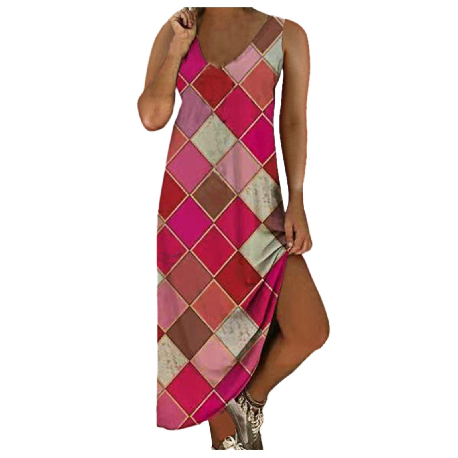 ForestYashe Floral Print Women's Loose Fit Sleeveless Maxi Dress - Patchwork Round Neck Casual Summer Dress (Hot Pink, XL) | Perfect for Beach Vacations, Garden Parties & Boho Fashion