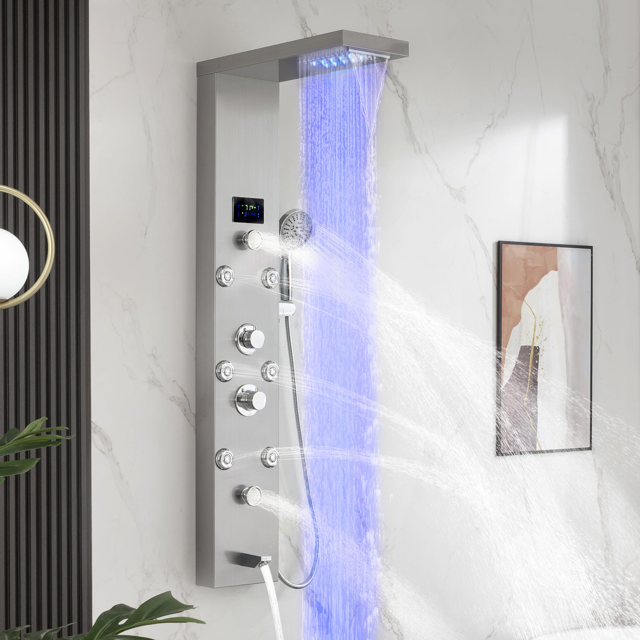 DELAVIN Stainless Steel LED Shower Panel Tower with Temperature Display - 5-Function Rainfall, Waterfall, Massage Jets, Tub Spout & Handheld Showerhead in Brushed Nickel | Perfect for Spa-Like Bathroom Upgrades & Luxury Shower Experiences