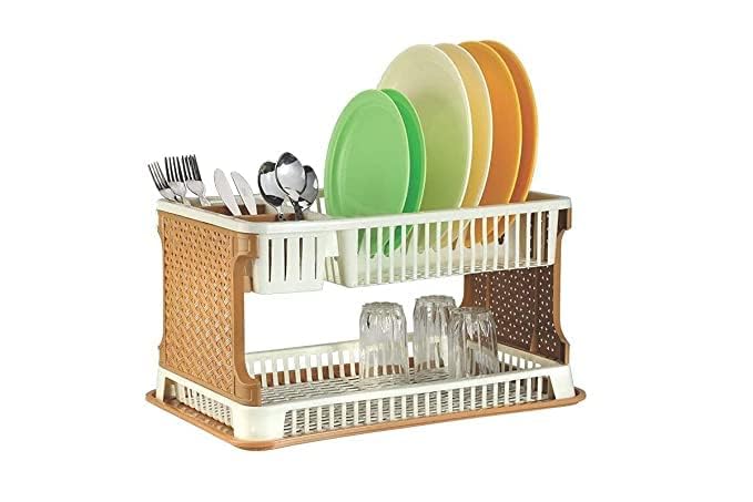 SHAYONA HOMES SURKHAMART Plastic Kitchen Organizer Rack with Water Drip Tray - Dish Drying Rack, Plate Stand & Utensil Holder for Countertop Storage (Brown, Pack of 1) | Perfect for Small Kitchens, Apartments & Dorm Rooms