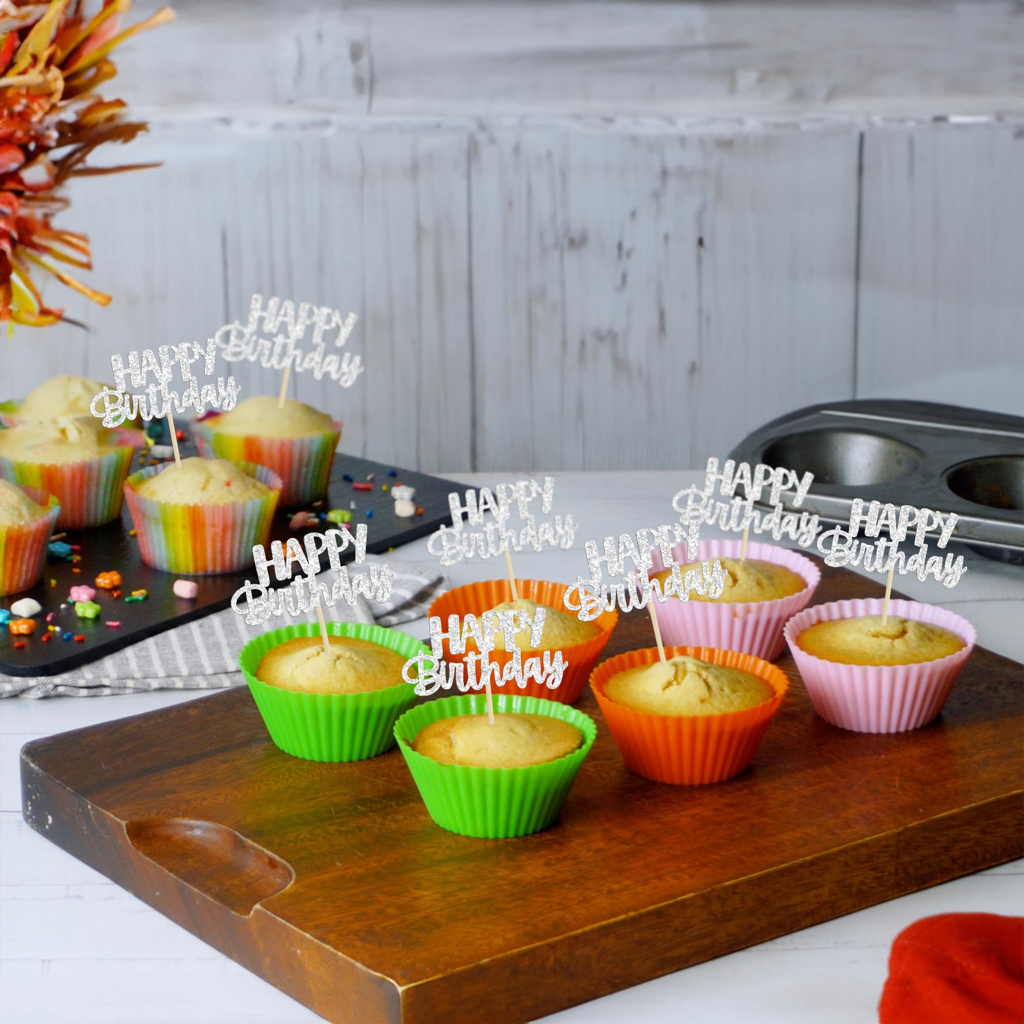 24Pcs Silver Glitter Happy Birthday Cupcake Toppers - Cake Decorations for Birthday Party Supplies | Perfect for Celebrations, Baby Showers & Anniversary Parties