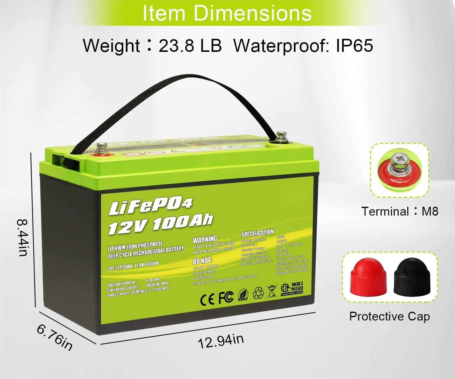 12V 100Ah LiFePO4 Deep Cycle Lithium Battery - Rechargeable Solar Battery for RV, Marine, Golf Cart & Off-Grid Power - Long Lasting Energy Storage Solution