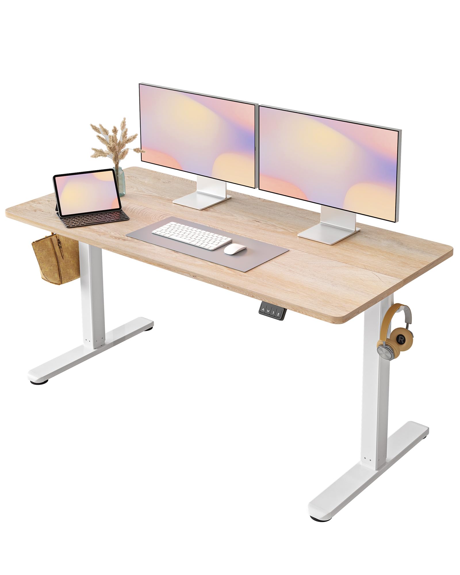 FEZIBO Electric Height Adjustable Standing Desk 55 x 24 Inches - Sit Stand Home Office Desk with Memory Controller (Amber Finish) - Perfect for Remote Work, Gaming & Study Spaces