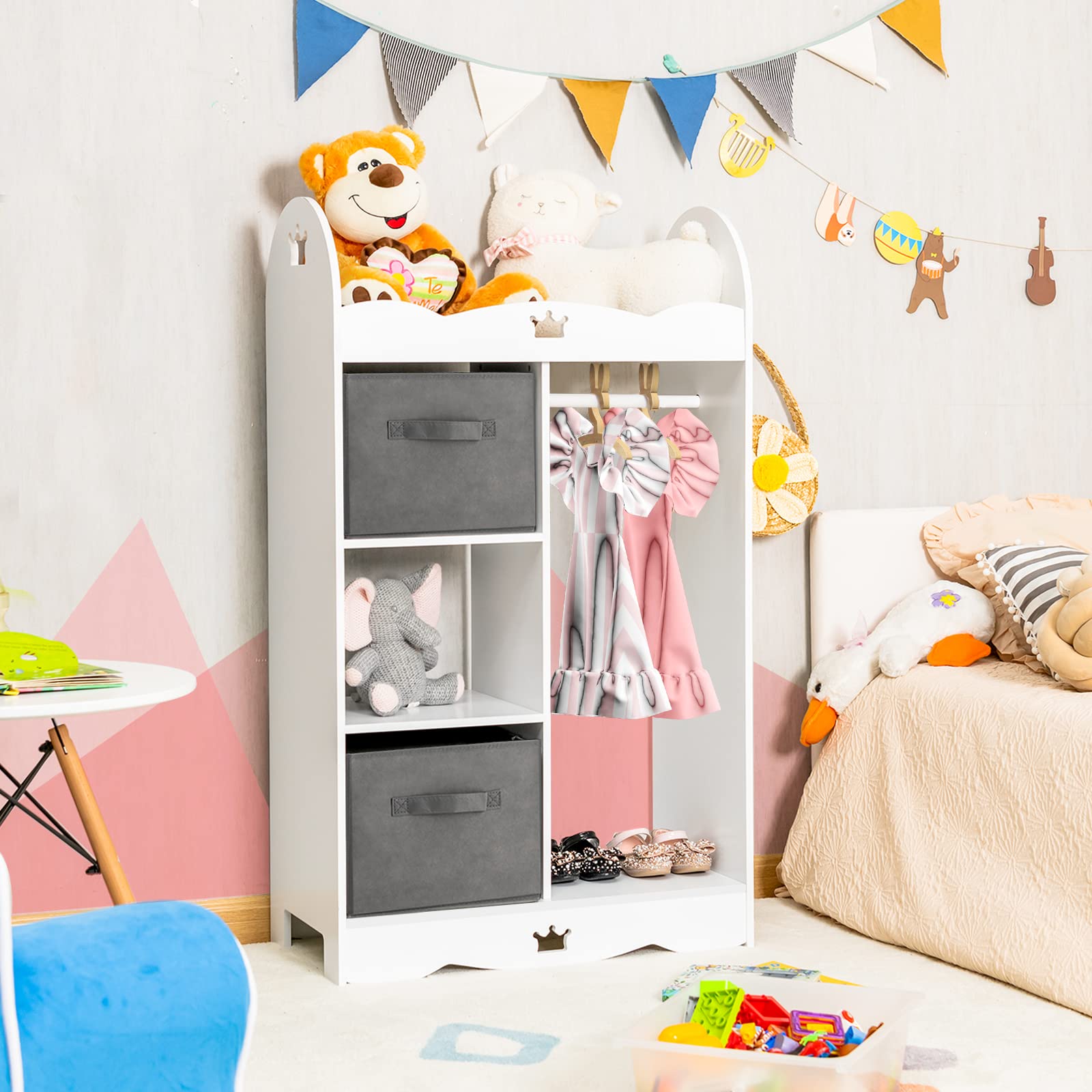 KOTEK Kids Wooden Dress Up Storage Armoire with Mirror, Hanging Rod & 2 Storage Bins - Anti-Tip Toddler Wardrobe Closet for Ages 3-7 | Perfect for Bedroom, Playroom & Kids Room Organization | Great for Pretend Play, Costume Storage & Daily Outfit Selection