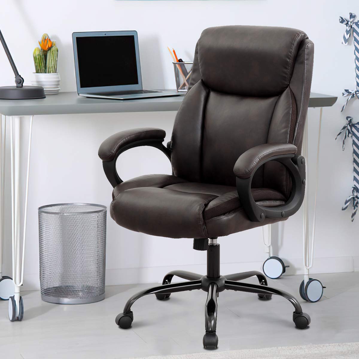 Big and Tall Office Chair - Heavy Duty PU Leather Executive Ergonomic Desk Chair with Lumbar Support, Adjustable Height & Swivel Rolling - High Back Computer Task Chair for Men, Adults - Perfect for Home Office, Bedroom Workspace (Brown)