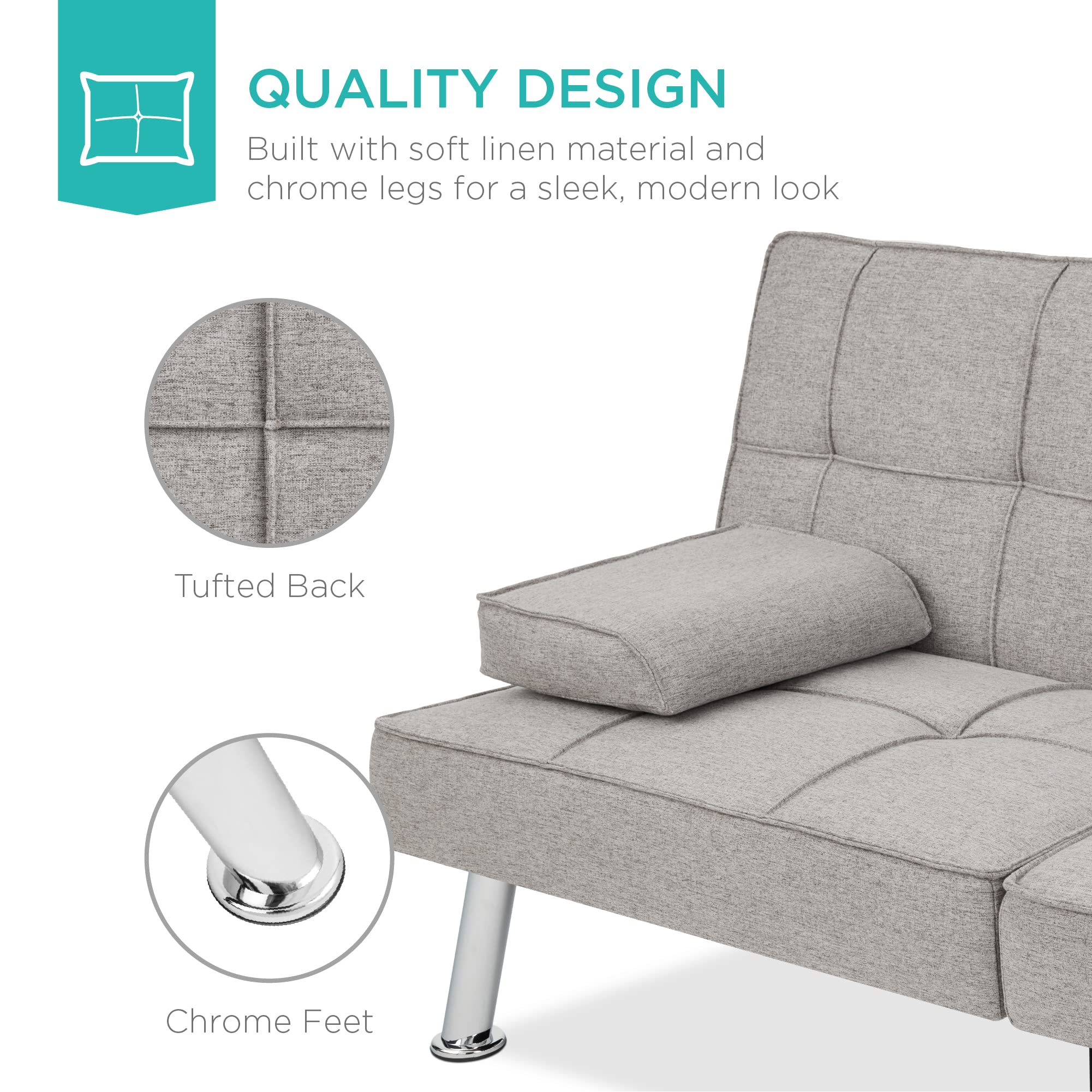 Best Choice Products Modern Folding Futon Sofa Bed - Light Gray Linen Recliner with Removable Armrests & 2 Cup Holders for Small Spaces, Apartments, Dorms | Perfect for Guest Beds, Lounging & Studio Living