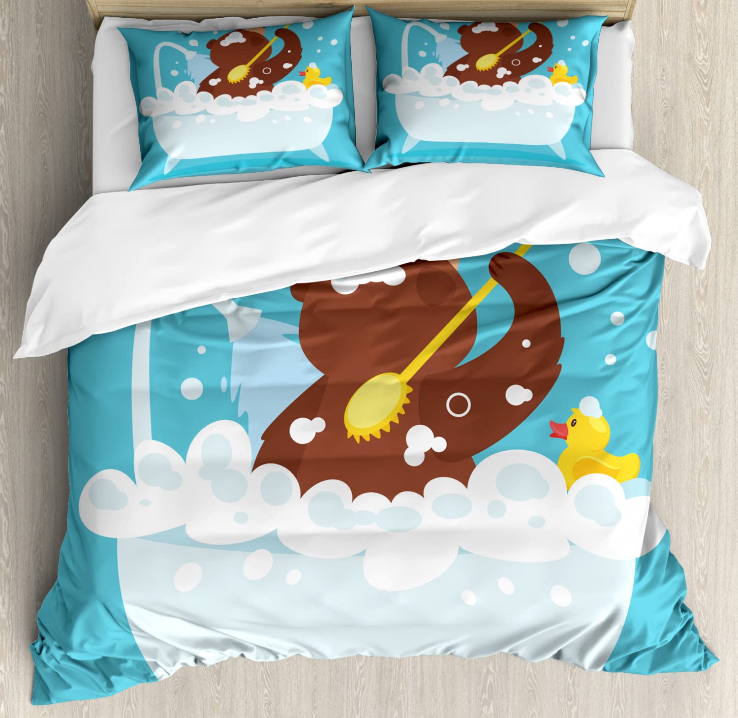 Ambesonne Funny Bear Duvet Cover Set - Cartoon Grizzly Bear Showering in Bubbles Queen Size 2-Pack (2 Duvet Covers + 4 Pillowcases) Blue Brown Yellow - Perfect for Kids' Rooms, Guest Bedrooms & Themed Decor