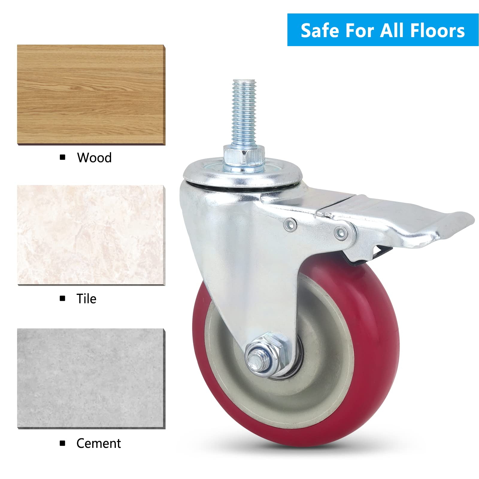 Heavy Duty Stem Casters with Brake - 4 Inch PU Swivel Wheels Set of 4, M12x30mm with Nut & Wrench - Quiet No Noise Rollers for Furniture, Workbenches, and Industrial Equipment
