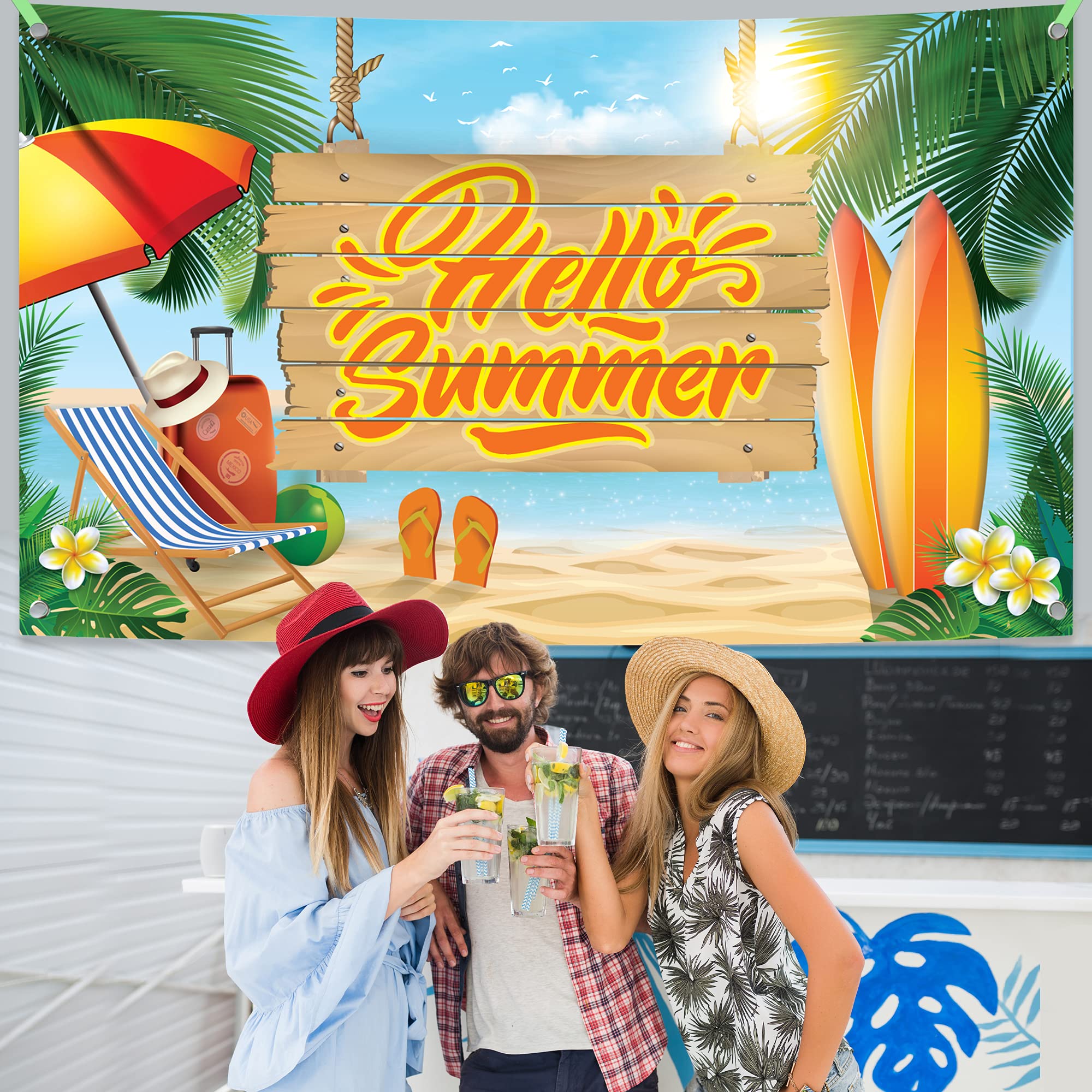 KatchOn Large 72x44 Inch Hello Summer Backdrop - Premium Summer Party Banner for Beach, Surfboard & End of School Decorations | Perfect for Pool Parties, Graduation Celebrations & Tropical Themed Events