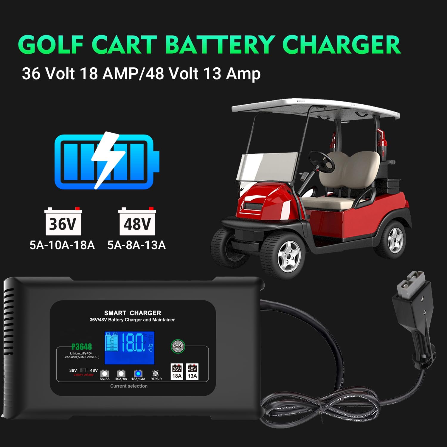 36V/48V Golf Cart Battery Charger - 18A for 36V, 13A for 48V - Smart Charger for EZGO Marathon Carts - Compatible with Lithium, LiFePO4, Lead-Acid AGM/Gel/SLA Batteries - Anderson SB-50 Plug - Perfect for Home, Golf Course & RV Use