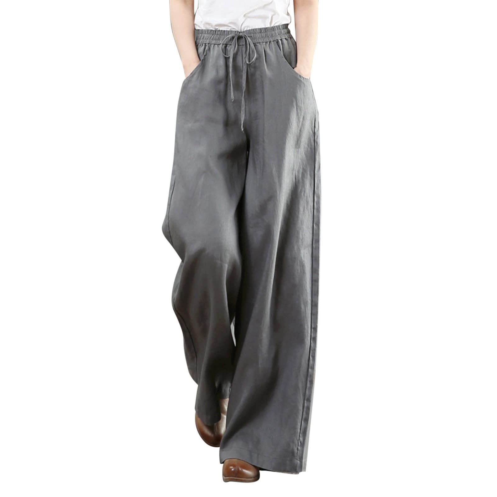 WalGRHFR Women's Summer Cotton Linen Wide Leg Pants - Breathable Loose Casual Pants with Drawstring Waist for Beach, Travel & Everyday Wear