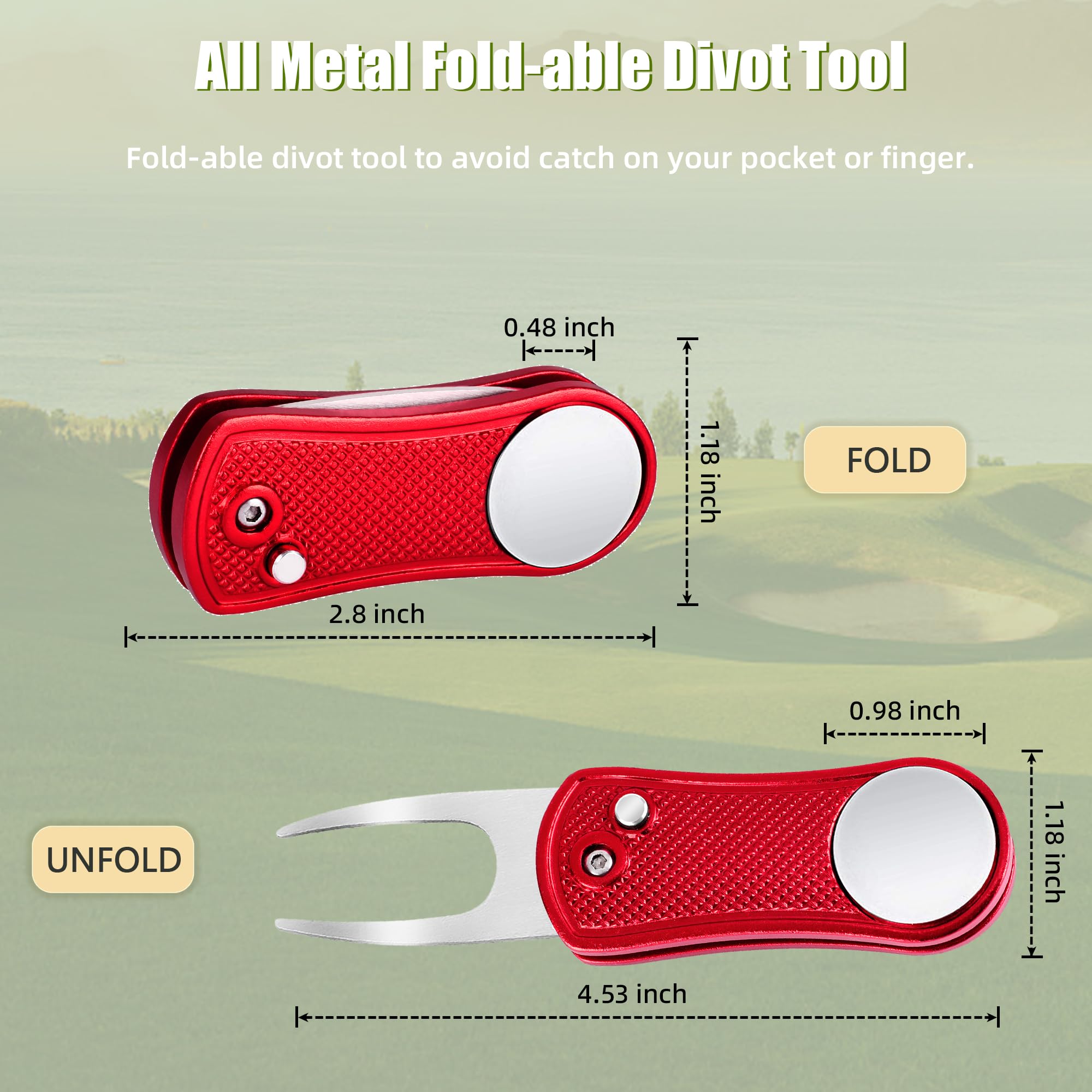 Premium All-Metal Golf Divot Repair Tool with Foldable Design, Pop-Up Button & Magnetic Ball Marker - Perfect for Golf Course Greens, Practice Ranges & Tournament Play