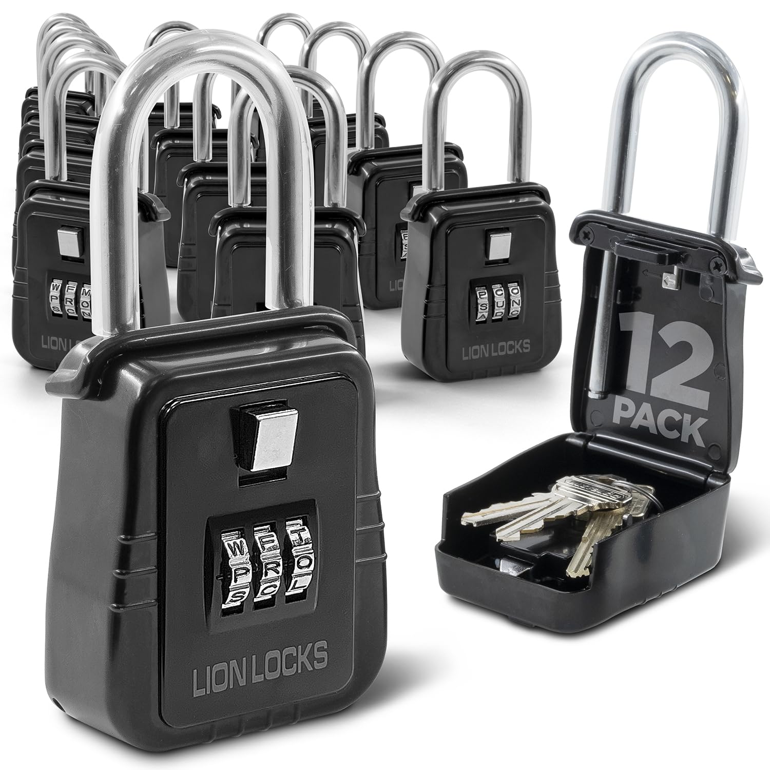 12-Pack Alpha Key Lock Box with Code - Secure Outdoor Realtor Lock Box for Property Management & Short Term Rentals, Key Safe Holds 5 Keys, Black - Perfect for Vacation Homes, Airbnb Hosts & Real Estate Agents