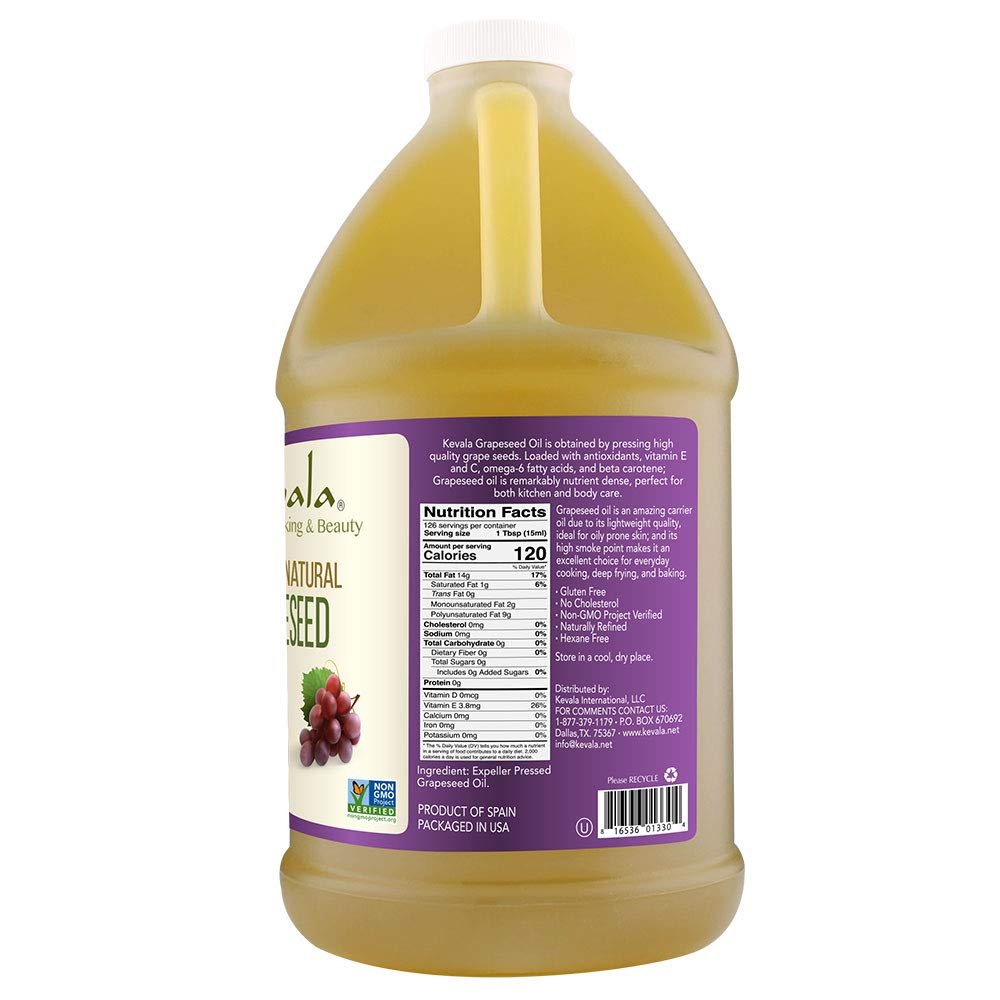 Kevala Grapeseed Oil - Pure Vitamin E Body & Massage Oil with Grape Seed Extract - Gluten Free Cooking Oil - 64 fl oz (1/2 Gallon) - Perfect for Skin Care, Hair Treatment & Healthy Cooking