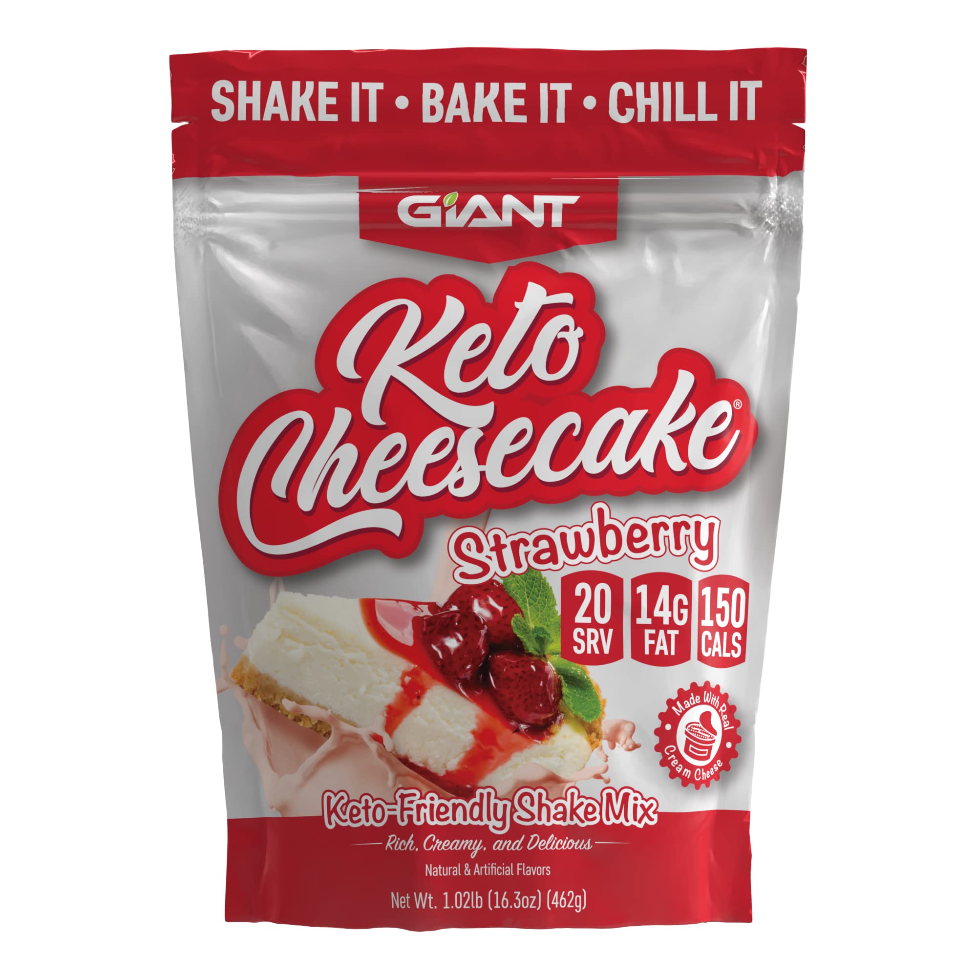 Giant Sports Keto Cheesecake Shake Mix - Low Carb Ketogenic Diet Powder, Gluten Free, Sugar Free, High Protein - Perfect with Almond Milk or Water - Strawberry Flavor (20 Servings) for Weight Loss & Muscle Recovery - Ideal for Breakfast, Post-Workout or Healthy Snacking