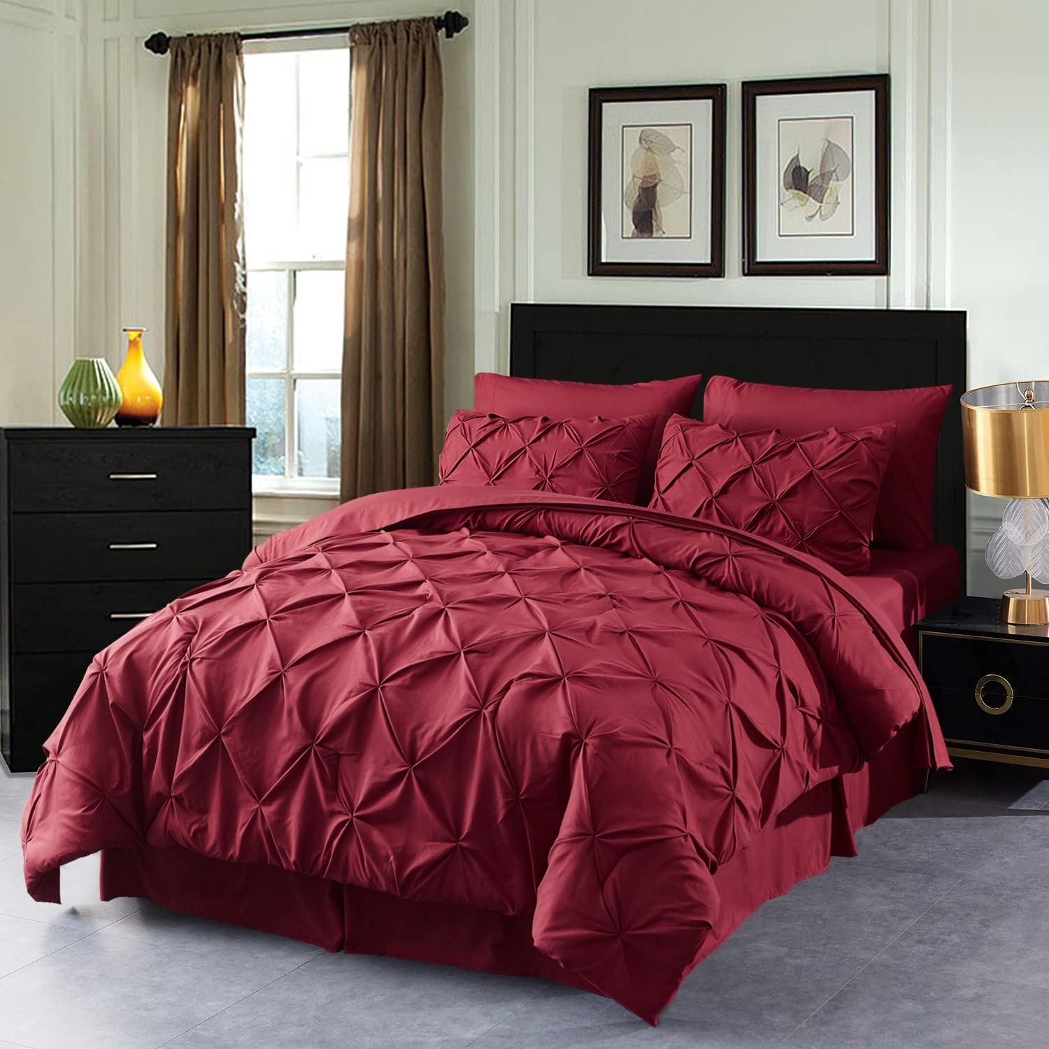 8-Piece Pink and Burgundy California King Bed in a Bag Comforter Set - Soft Luxury Bedding for Master Bedroom, Guest Room, or Dorm Decor
