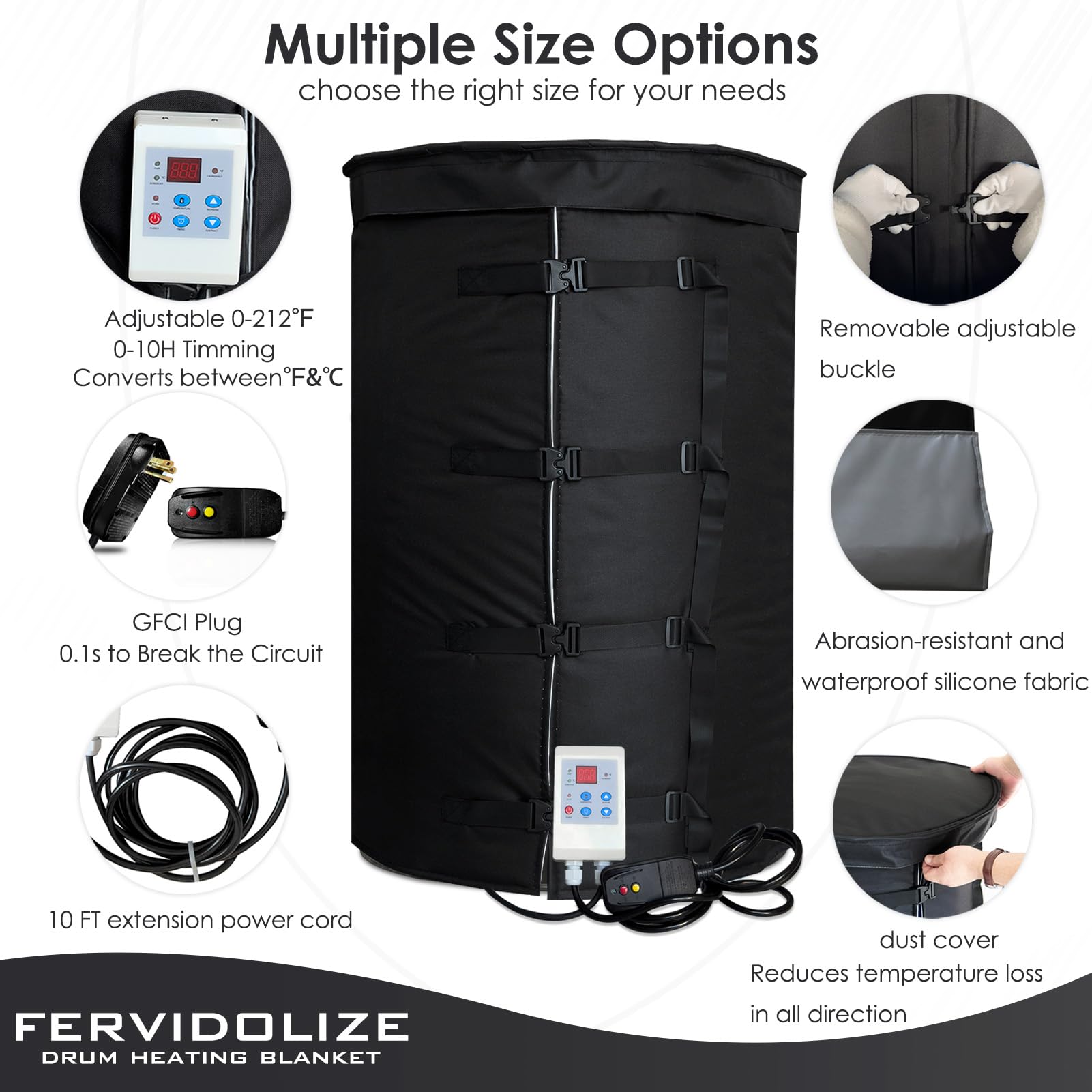 55 Gallon Drum Heater Blanket - 208L Adjustable Oil Pail Warmer with Thermostat & GFCI Plug | 202℉ Insulated Oxford Cloth Heating Band for Gas Cylinders & Industrial Drums | Winter Storage, Chemical Processing, Viscosity Control