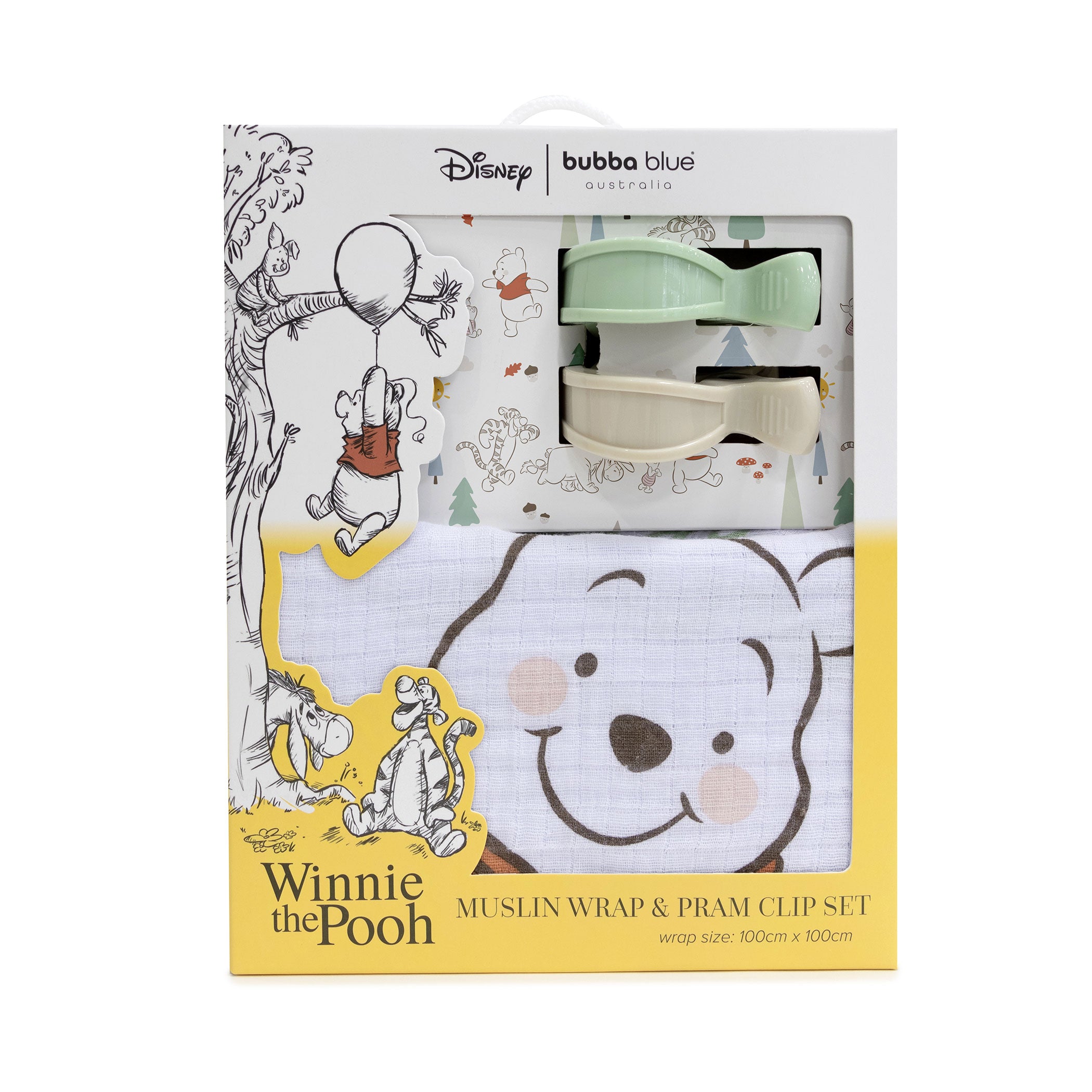 Disney Winnie the Pooh Muslin Baby Wrap & Stroller Clips Set - Soft Swaddle Blanket and Pram Security Clips for Newborns, Infants - Perfect for Nursing, Sleeping, and On-the-Go Comfort