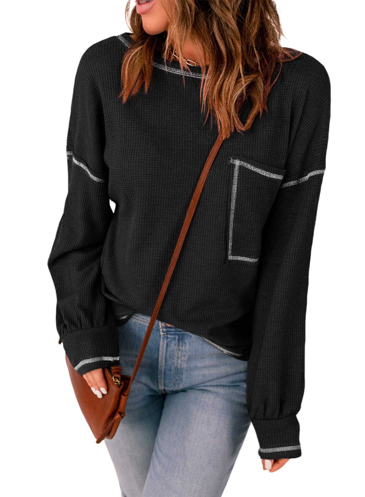 Ecrocoo Women's Casual Long Sleeve Crewneck Waffle Knit Tunic Top - Loose Fit Plain Blouse Shirt for Everyday Wear, Office & Fall Outfits