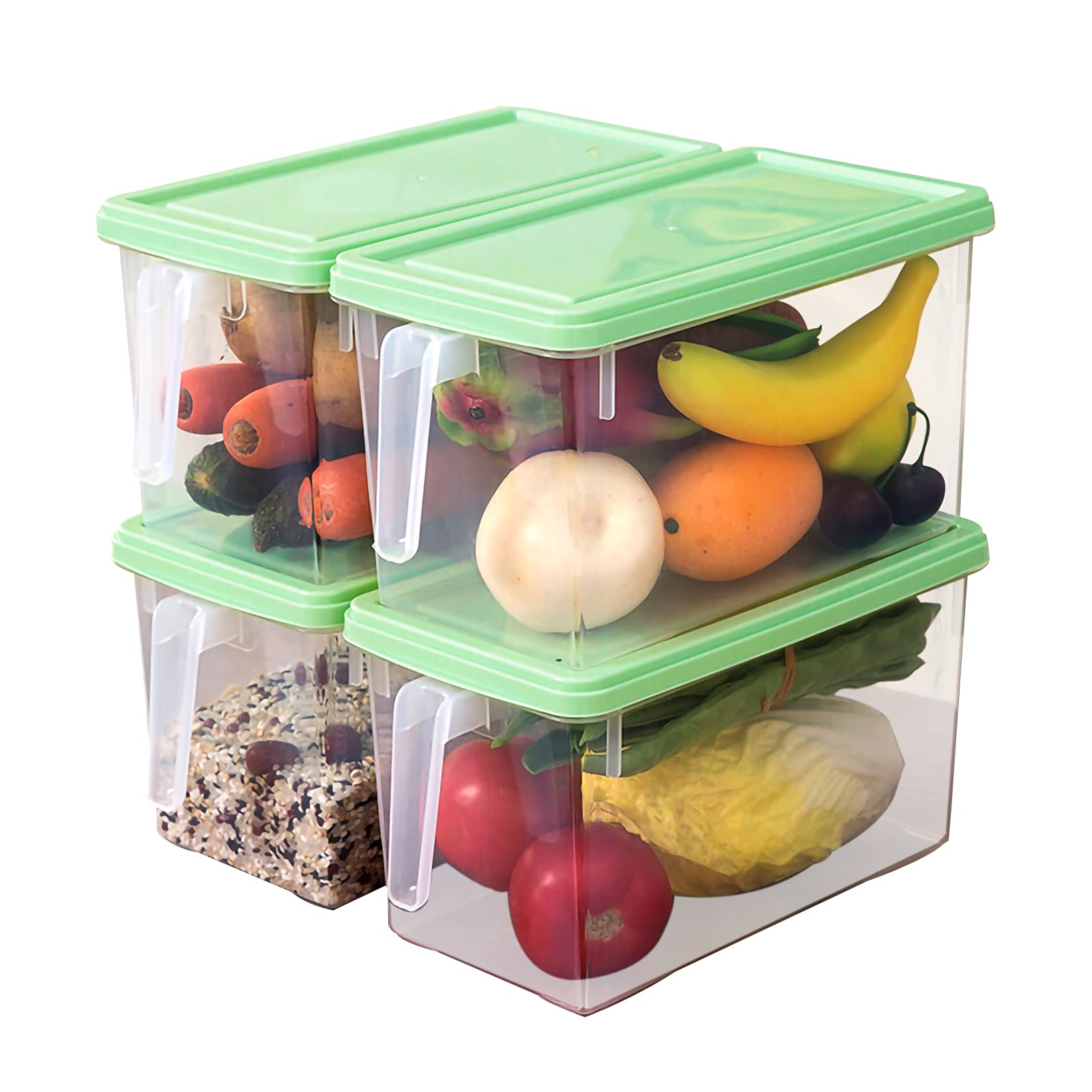 Square Plastic Food Storage Containers with Lids - 4-Pack Stackable Refrigerator Organizers for Fruits, Vegetables, Meat & Eggs | BPA-Free Kitchen Storage Containers with Handles | Perfect for Meal Prep, Leftovers & Pantry Organization (Green)