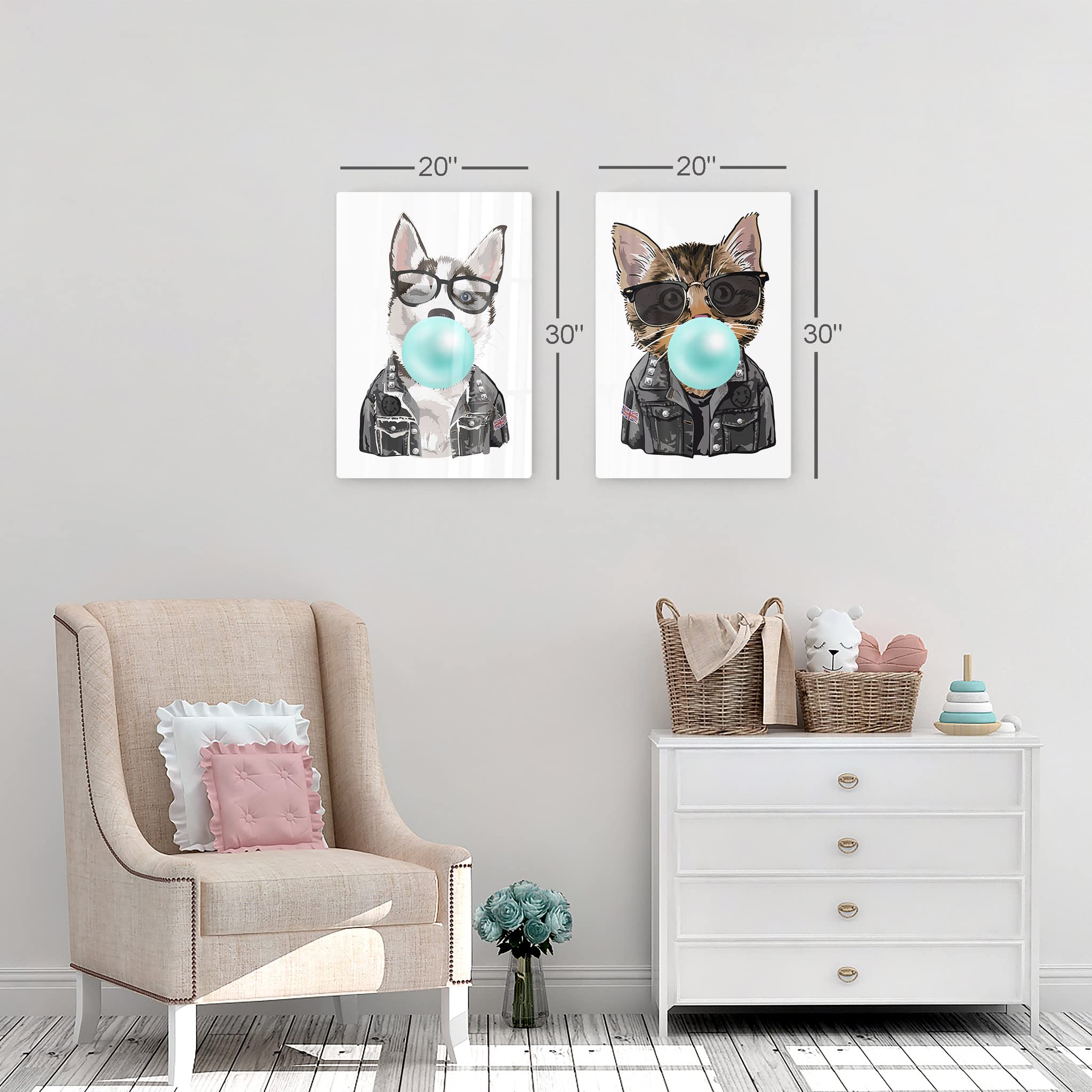 Husky Dog and Cat Chewing Bubble Gum Metal Wall Art Set - 2 Piece Animal Pop Art Prints for Living Room, Bedroom, Nursery Decor (40x30 inches) - Modern Home & Kids Room Wall Decor