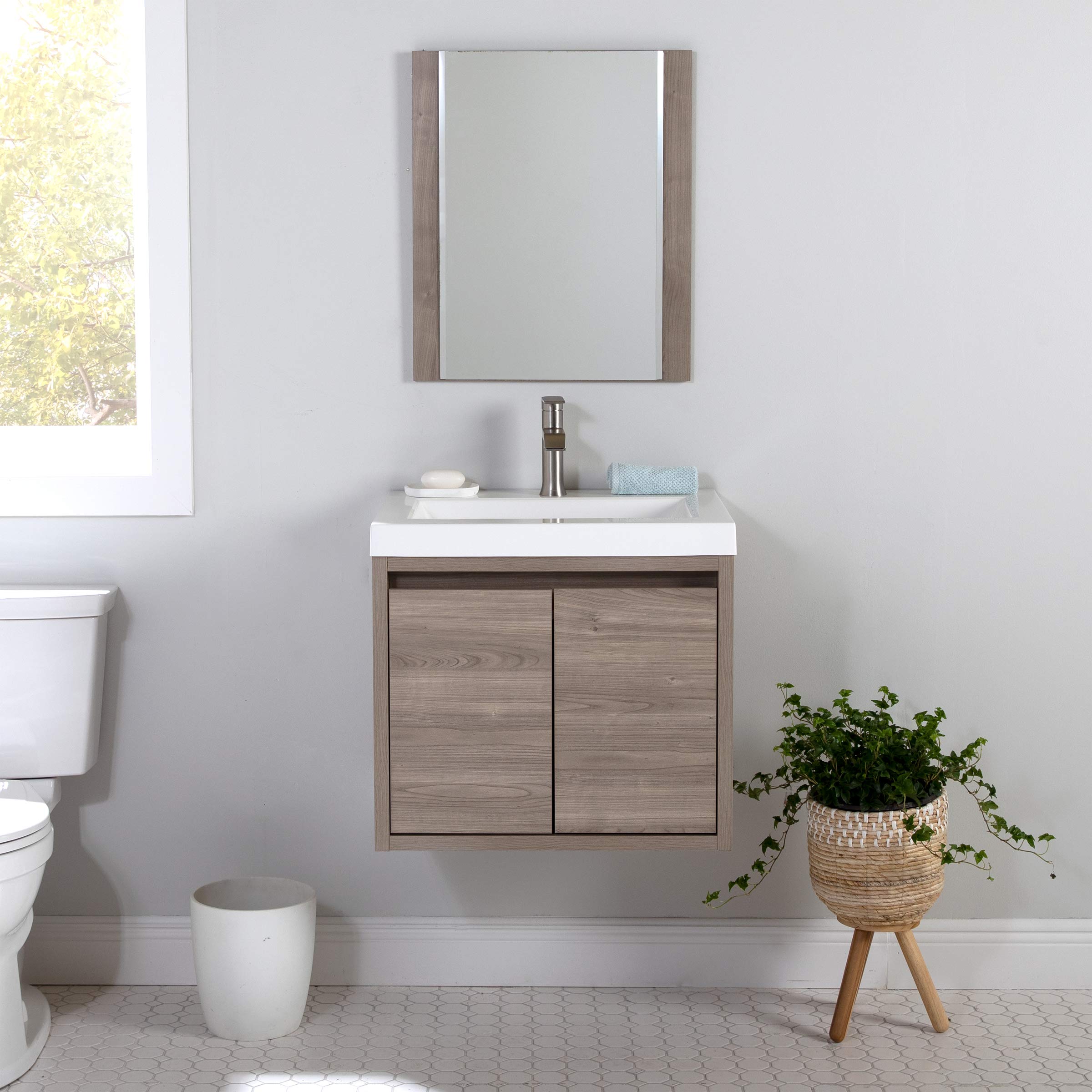 Kelby 24 Inch Modern Floating Bathroom Vanity - White Single Sink Top with 2-Door Cabinet, Forest Elm Finish (24.5
