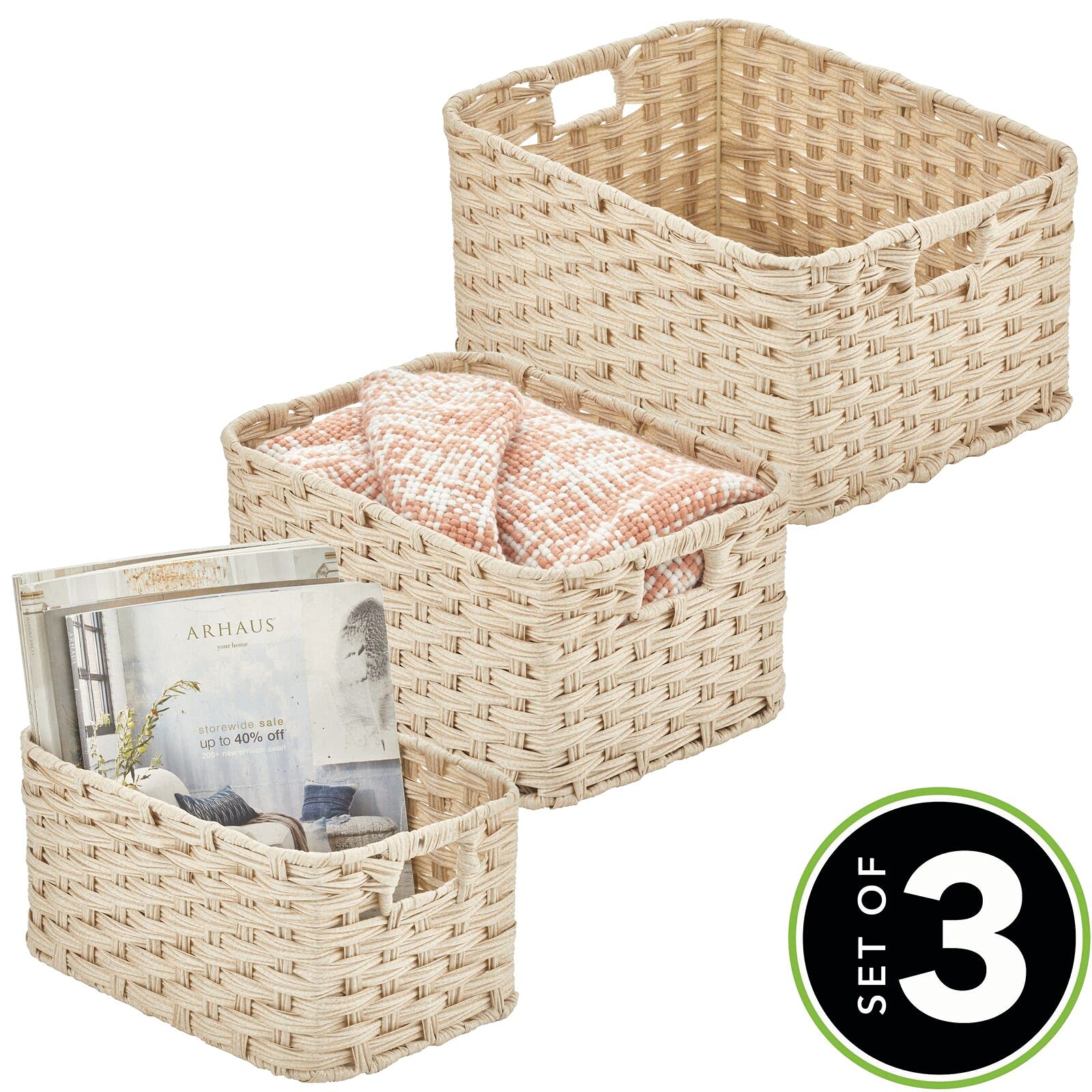 mDesign Woven Storage Baskets Set of 3 - Braided Rope Organizer Bins with Handles for Closet, Bedroom, Bathroom | Home Decor & Office Organization | Cream Beige Nested Bins | Perfect for Entryway, Laundry Room & Kids' Toy Storage