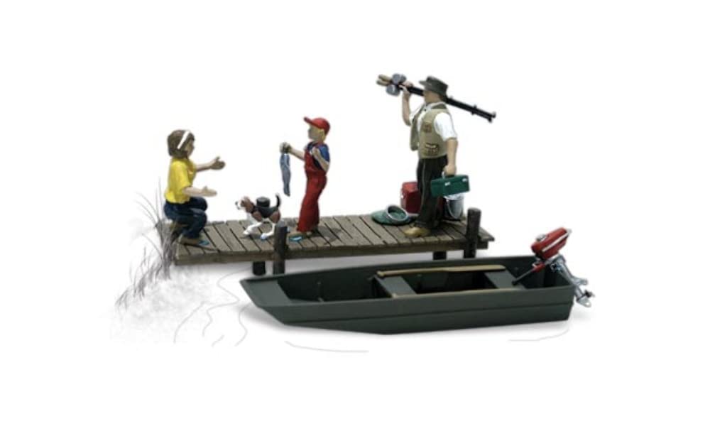 Family Fishing Set (3 Figures, Dog & Boat) - O Scale Model Train Scenery for Dioramas & Railroad Layouts - Perfect for Hobbyists & Collectors