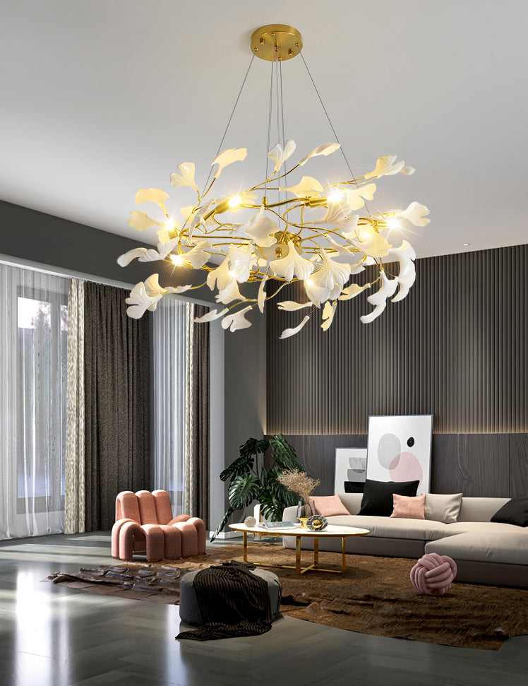 Elegant Ginkgo Leaf Chandelier - Modern Gold Brass Ceiling Light Fixture for Dining Room, Living Room & Bedroom Decor