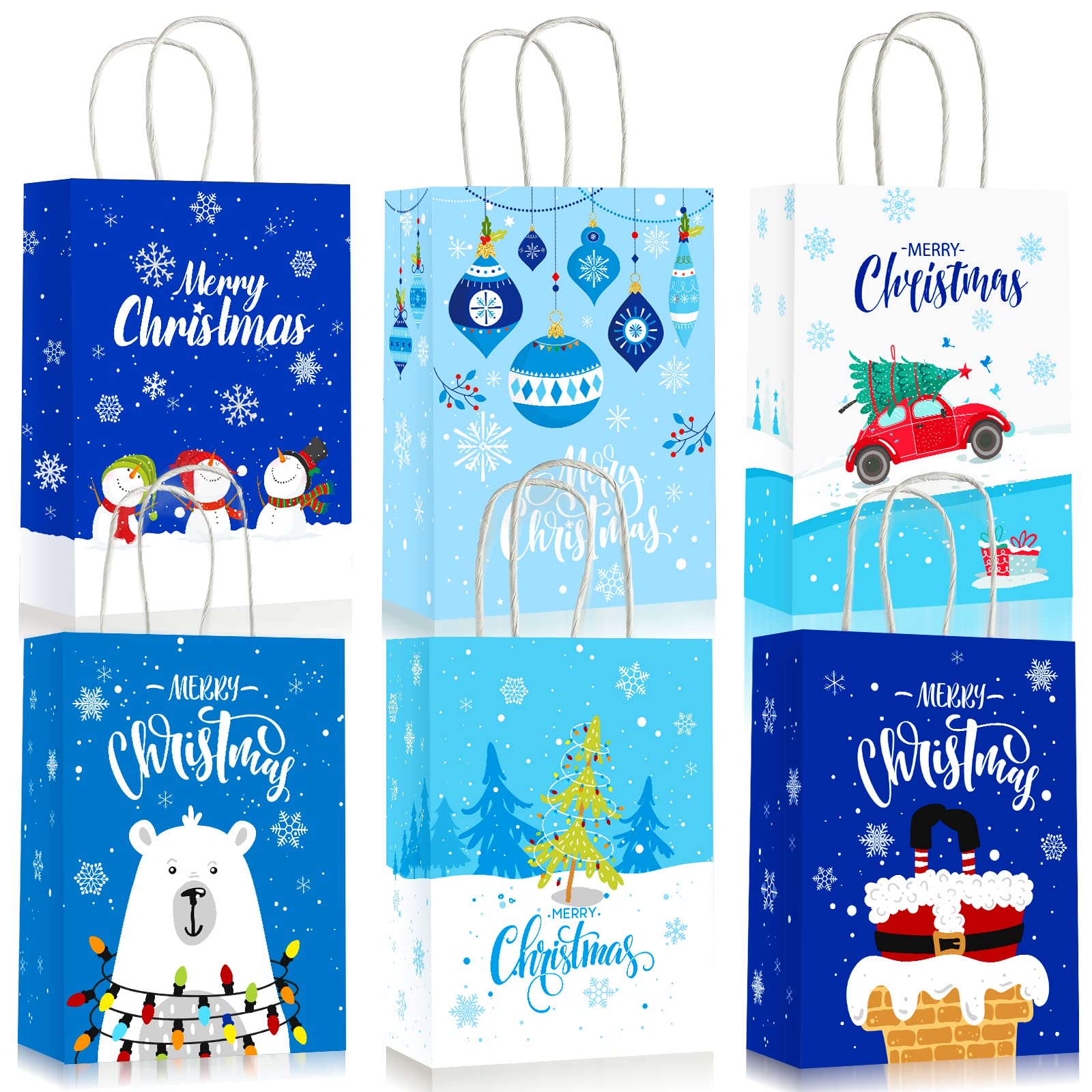12-Piece Christmas Holiday Gift Bags with Handles - White & Blue Winter Snowman Snowflake Design - Perfect for Xmas Party Favors, Treat Bags & Holiday Gift Giving