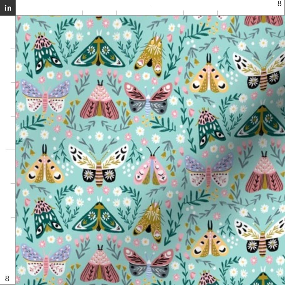 Spring Floral Aqua Butterflies Printed Organic Cotton Sateen Fabric by The Yard - Easter Whimsical Feminine Mint Design for Sewing, Quilting, Apparel & Home Decor | Perfect for DIY Dresses, Curtains and Table Runners