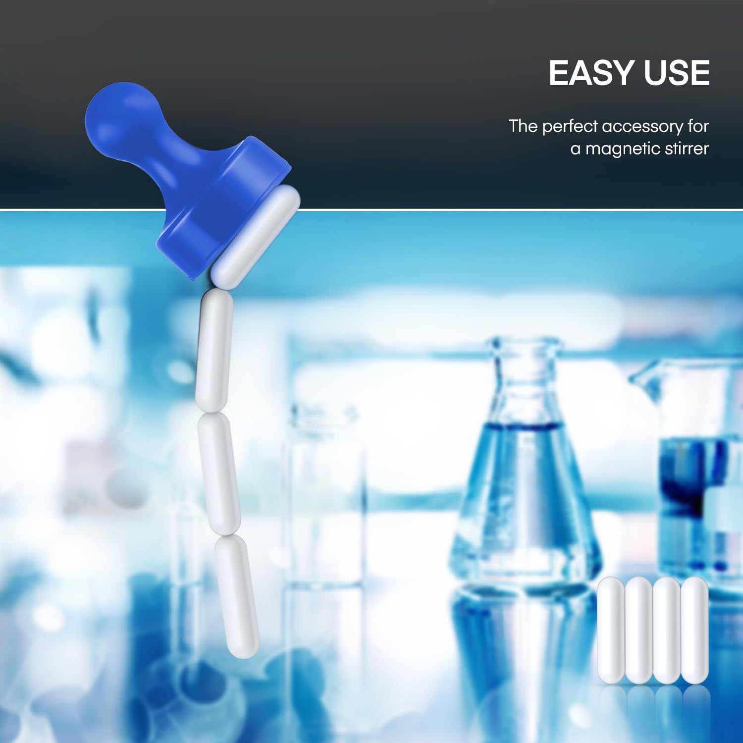4 Pcs 30mm (1.8 Inch) PTFE Magnetic Stirrer Mixer Bars - Lab Stirring Rods with Blue Magnetic Retriever Tool for Chemistry Experiments & Scientific Research - Perfect for Laboratories, Schools & DIY Science Projects